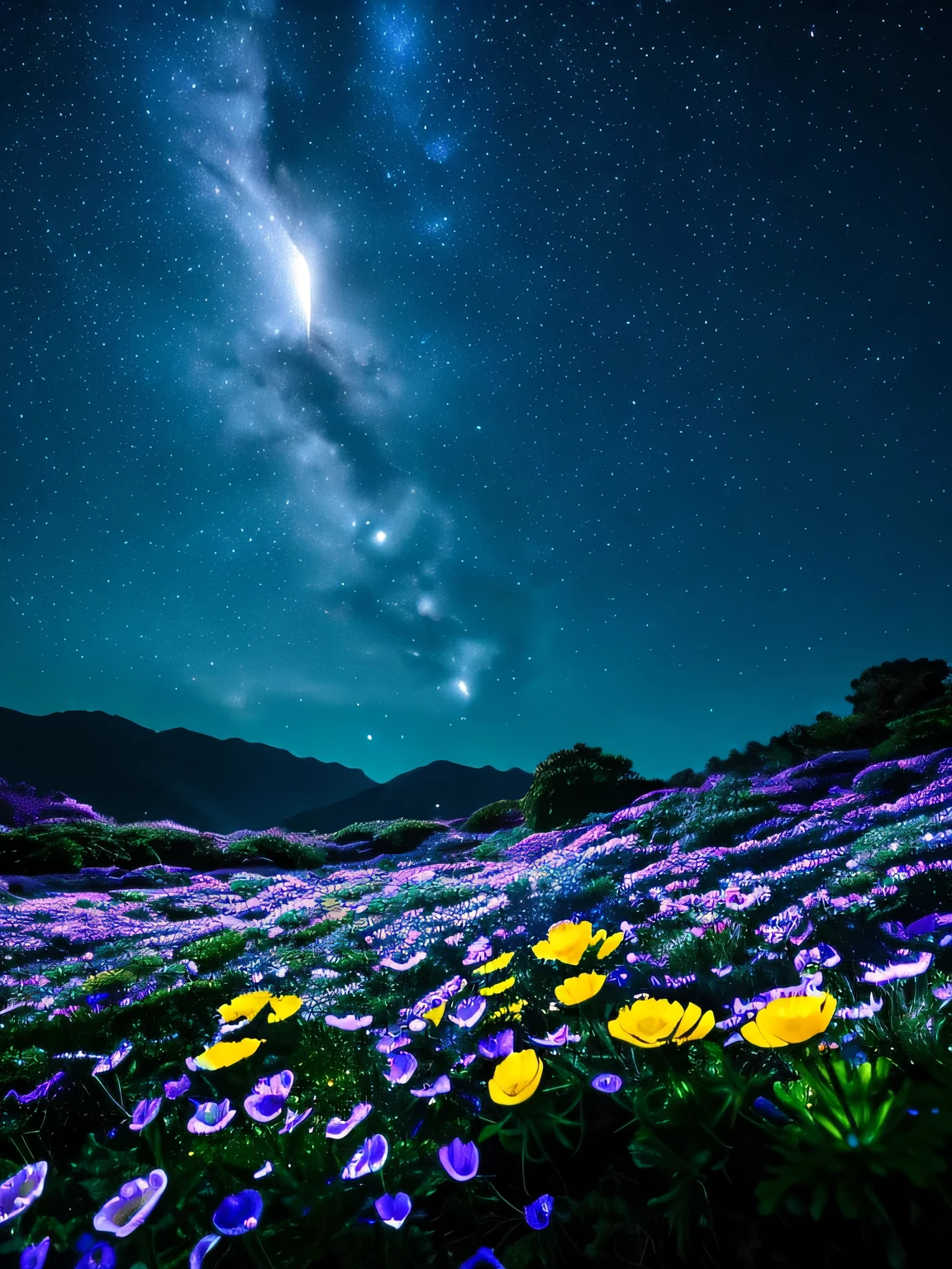 Magical anemone field under the enchanting night sky, Brightly illuminated by the crescent moon and twinkling stars. The silver glow of the moon and the brightness of the stars create a tranquil space., Fascinating light above colorful anemones - red, green, purple, and yellow - create a dreamlike landscape. The night sky is alive with the twinkle of countless stars, Add a layer of mystery and wonder to the atmosphere. The bright colors of the anemones stand out against the dark background, Enhanced by moonlight and starlight. This scene captures the quiet beauty of nature at night, Emphasis on the glare of stars and moonlight reflected in the field.」