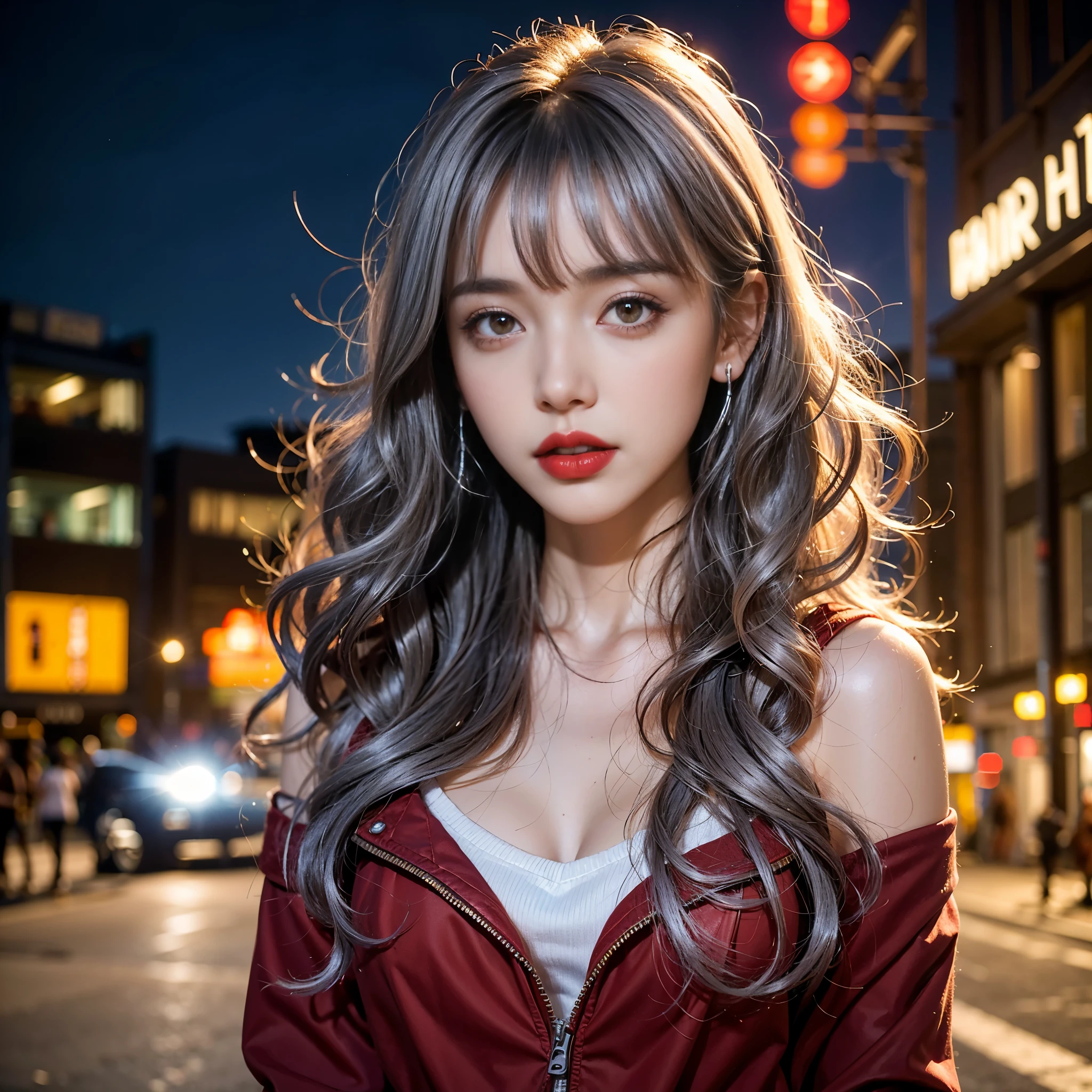 ((Beautiful girl college student, Light makeup, red lips:1.4)), ((street background, In the city at night)), (silver hair, curly hair, bangs:1.3), hair over shoulder, long hair, expressive hair, wet hair, shiny hair, ((hairband)), mole under eye, ((earrings)), hoop earrings, Surrealism, high detail, depth of field, sparkle, blurry, Fujifilm, UHD, ccurate, anatomically correct, textured skin, super detail, high details, rim lighting, high quality, 8k, 16k, highres, best quality, HD, 1080P