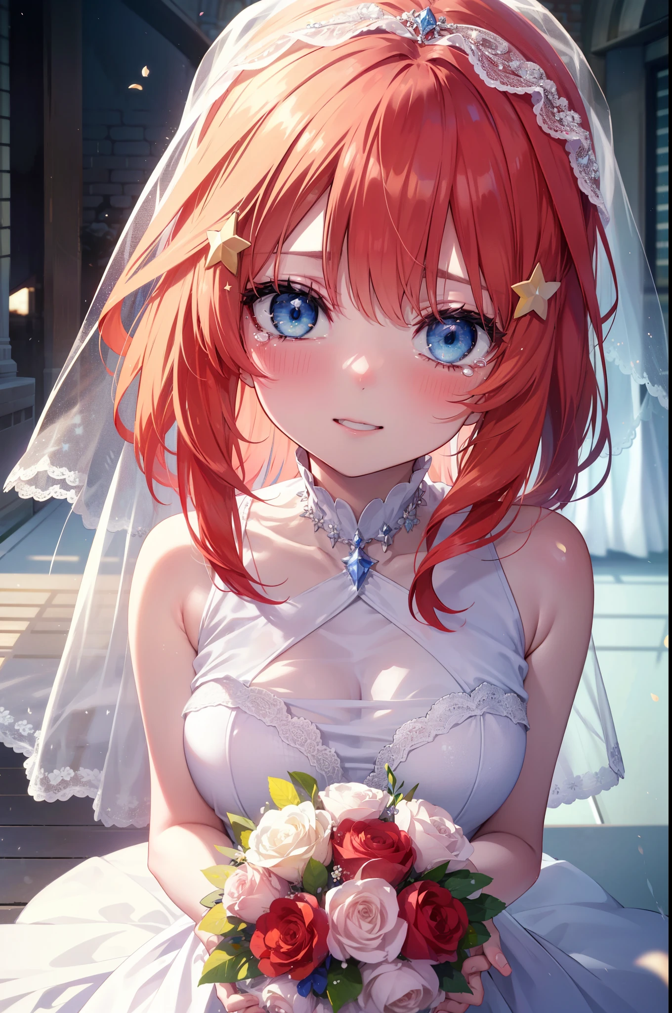 itsukinakano, itsuki nakano, bangs, blue eyes, hair between eyes, long hair,redhead, star \(symbol\), hair ornaments, star hair ornaments,smile,blush,open your mouth, happy atmosphere,Big tears are running down her face,tears of joy,Light of the sun,Stand Glass,bare shoulders,Wedding dress,veil,Wedding Skirts,bouquet,holding a large bouquet of flowers in both hands,Hanabubuki, 
break indoors, church,chapel, 
break (masterpiece:1.2), highest quality, High resolution, unity 8k wallpaper, (shape:0.8), (fine and beautiful eyes:1.6), highly detailed face, perfect lighting, Very detailed CG, (perfect hands, perfect anatomy),