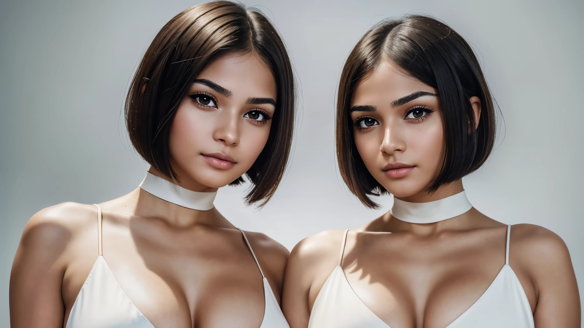 ((Beautiful) 2 attractive cute young women), very_cute, choker, (big breasts:1.4), (small_nose:1.2, thin_nose:1.5, delicate_nose:1.5, pointed_nose_tip:1.5, symmetric_nose), round_chin:1, short_jaw:1, round_jaw:1,Bob_cut hair, (brown_eyes:1.5, mahogany_brown_eyes:1), cheek_dimples:1.3, round_cheeks:1.2, (very_small_eyebrows:1.5), (Masterpiece, 8K, best quality, highres:1.5), cowboy shot:1.5, looking_at_viewer:1.5, body_looking_at_viewer:1.5, black_photoshoot:1, white_room:1, white_backdrop:1.5, standing, provocative_body_posture:1.5, flirting_facial_expression, wearing white_straplesini_dress), short_woman, small_woman, skin_texture:1.2