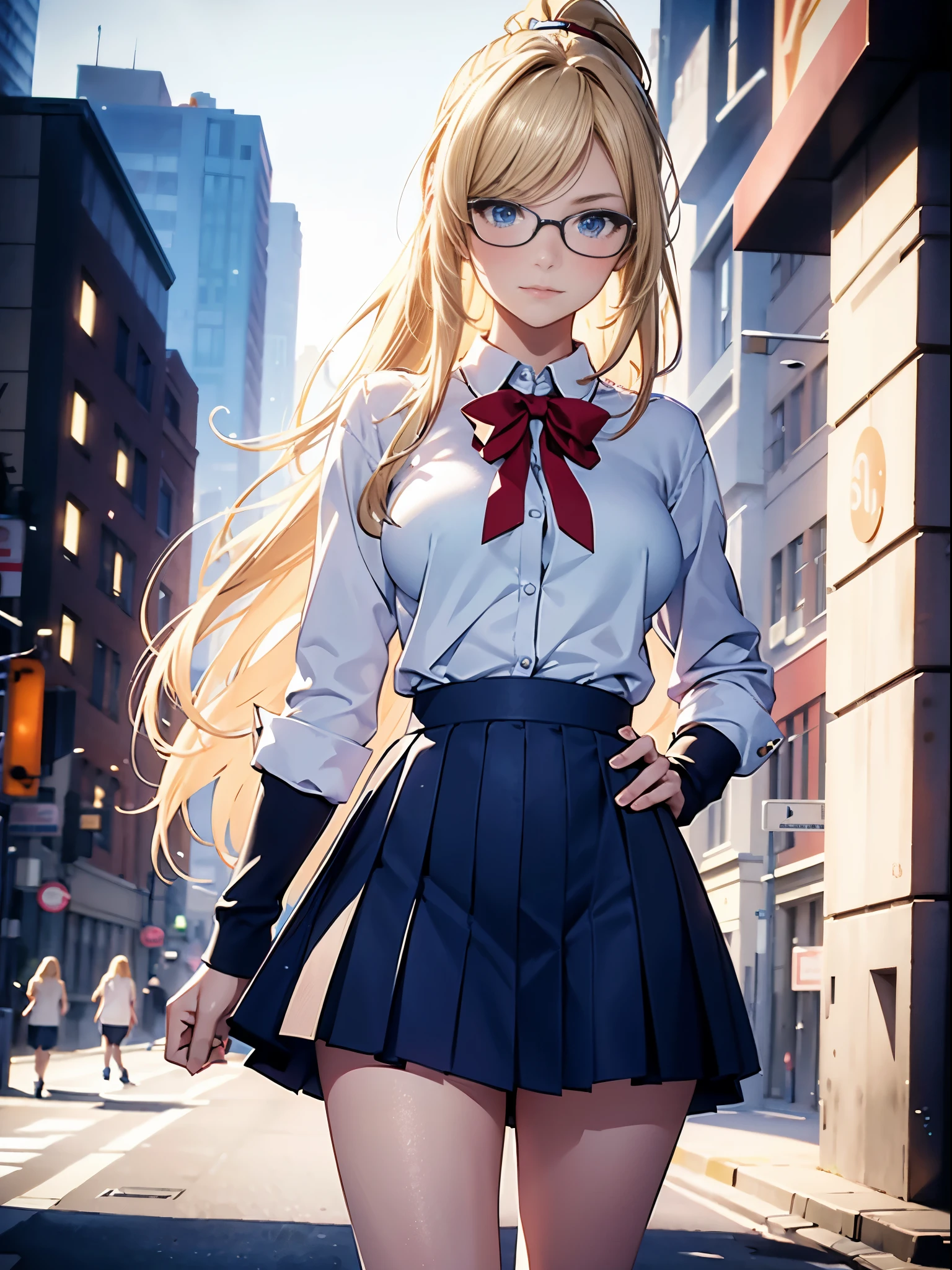 masterpiece, best quality, highres, 1girl, solo, (high school uniform), bare legs, looking at viewer, light particles, city backdrop, perfect hands, perfect eyes, perfect legs, perfect arms, perfect fingers, (blonde hair, blue eyes, medium breasts, long hair), standing straight, hands on hip, closed fists, hair down, glasses, ponytail, matching socks, full body shot