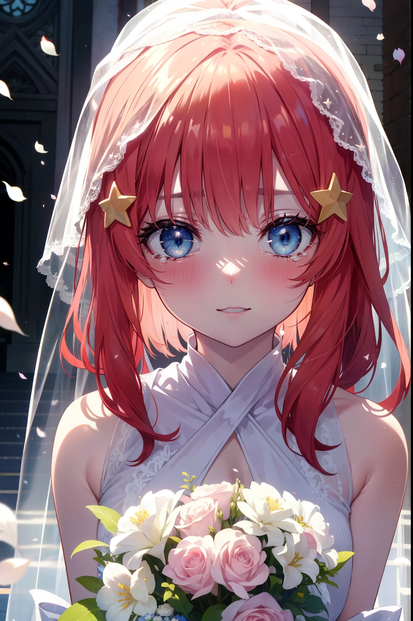 itsukinakano, itsuki nakano, bangs, blue eyes, hair between eyes, long hair,redhead, star \(symbol\), hair ornaments, star hair ornaments,smile,blush,open your mouth, happy atmosphere,Big tears are running down her face,tears of joy,Light of the sun,Stand Glass,bare shoulders,Wedding dress,veil,Wedding Skirts,bouquet,holding a large bouquet of flowers in both hands,Hanabubuki, 
break indoors, church,chapel, 
break (masterpiece:1.2), highest quality, High resolution, unity 8k wallpaper, (shape:0.8), (fine and beautiful eyes:1.6), highly detailed face, perfect lighting, Very detailed CG, (perfect hands, perfect anatomy),
