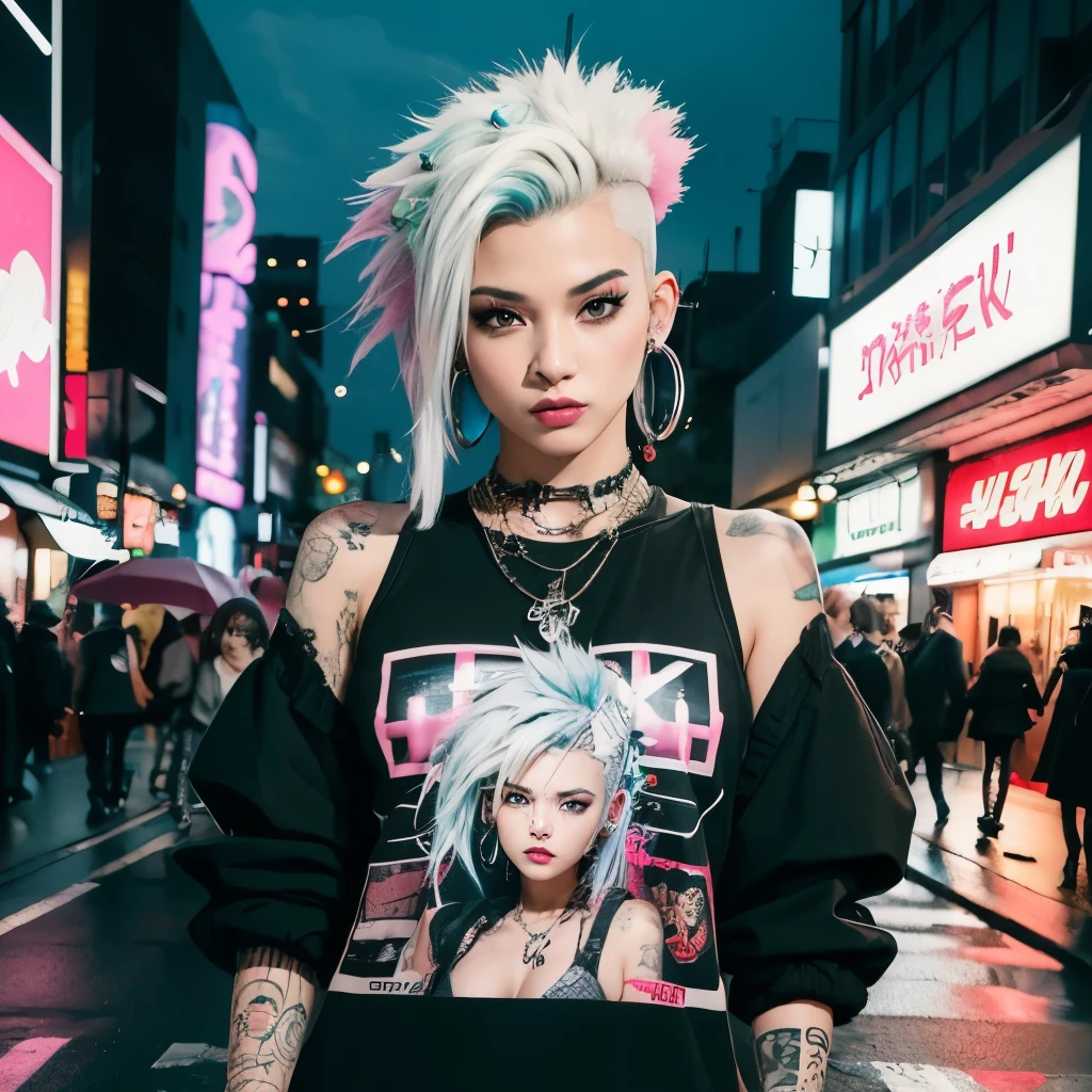 top-quality、8K、32K、​masterpiece、nffsw:1.3)、(Photorealsitic:1.4),21-year-old punk girl,Punk mohawk hair,tattoo sleeves and piercings,Harajuku-inspired hip-hop punk fashion,A neon white-haired,Street graffiti background,depth of fields