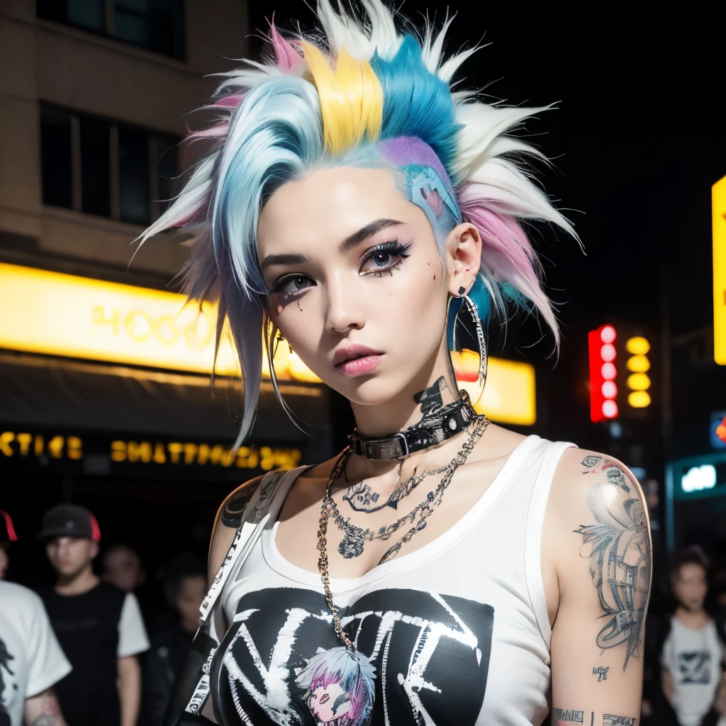 top-quality、8K、32K、​masterpiece、nffsw:1.3)、(Photorealsitic:1.4),21-year-old punk girl,Punk mohawk hair,tattoo sleeves and piercings,Harajuku-inspired hip-hop punk fashion,A neon white-haired,Street graffiti background,depth of fields