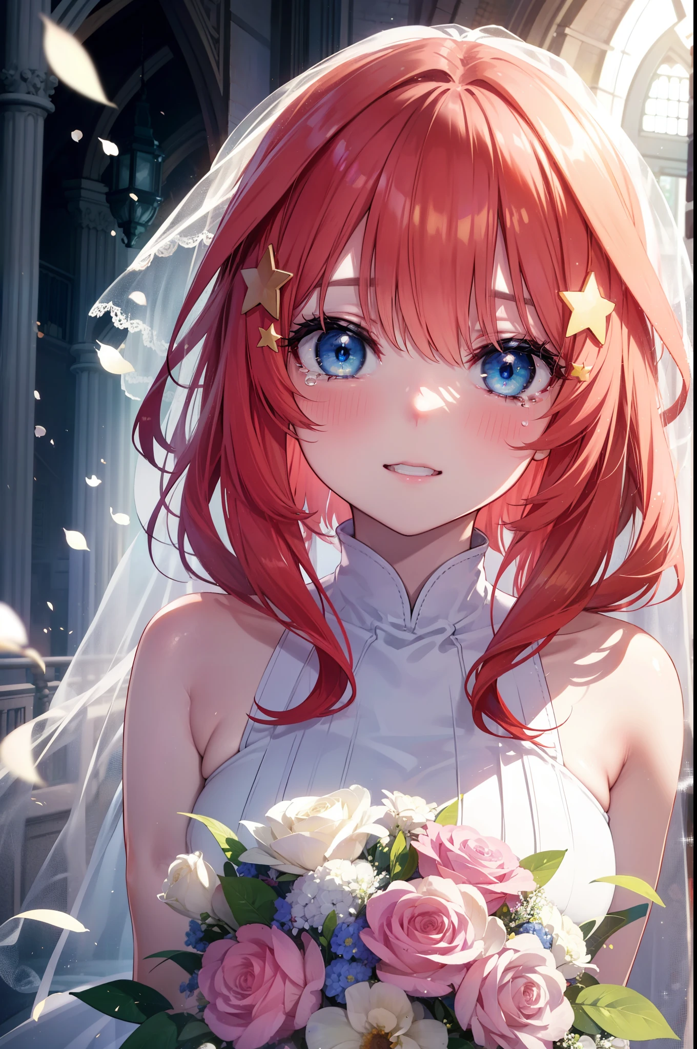 itsukinakano, itsuki nakano, bangs, blue eyes, hair between eyes, long hair,redhead, star \(symbol\), hair ornaments, star hair ornaments,smile,blush,open your mouth, happy atmosphere,Big tears are running down her face,tears of joy,Light of the sun,Stand Glass,bare clavicle,bare shoulders,Wedding dress,veil,Wedding Skirts,bouquet,holding a large bouquet of flowers in both hands,Hanabubuki,
break indoors, church,chapel,
break (masterpiece:1.2), highest quality, High resolution, unity 8k wallpaper, (shape:0.8), (fine and beautiful eyes:1.6), highly detailed face, perfect lighting, Very detailed CG, (perfect hands, perfect anatomy),
