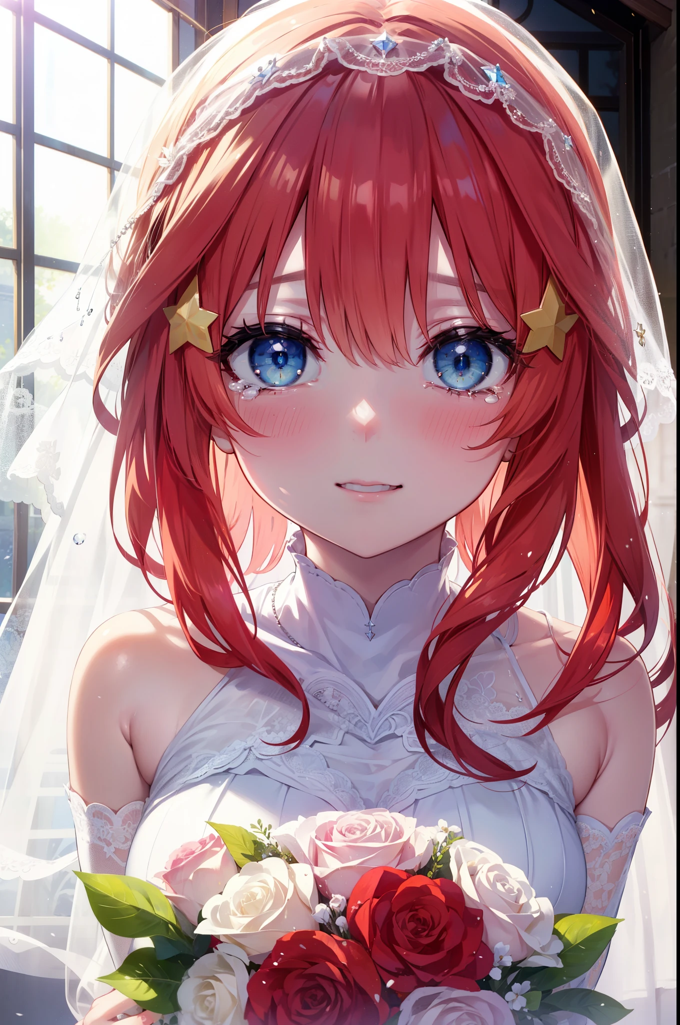 itsukinakano, itsuki nakano, bangs, blue eyes, hair between eyes, long hair,redhead, star \(symbol\), hair ornaments, star hair ornaments,smile,blush,open your mouth, happy atmosphere,Big tears are running down her face,tears of joy,Light of the sun,Stand Glass,bare clavicle,bare shoulders,Wedding dress,veil,Wedding Skirts,bouquet,holding a large bouquet of flowers in both hands,Hanabubuki,
break indoors, church,chapel,
break (masterpiece:1.2), highest quality, High resolution, unity 8k wallpaper, (shape:0.8), (fine and beautiful eyes:1.6), highly detailed face, perfect lighting, Very detailed CG, (perfect hands, perfect anatomy),