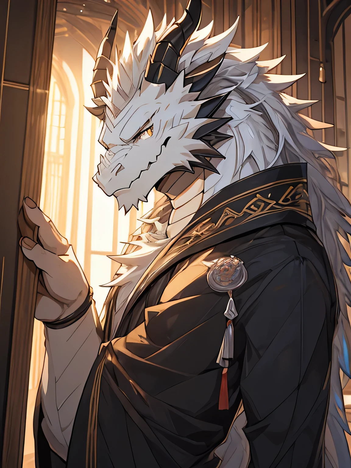 White Dragon Man:1.3, alone, vertical pupil,Eye, (elongated), Slim, (Eye anthro dragon):1.3, (The body has silvery white scales:1.4), white belly, (beast wild:1.4), There are silver scales all over the body , 细致的Eye, ((portrait)), , (细致的Eye, 蓝Eye, 明亮的Eye):1.1, on the bed,robe , The art of math, masterpiece, anime style,mane on neck: 3,silver horn:1.4,killer:2