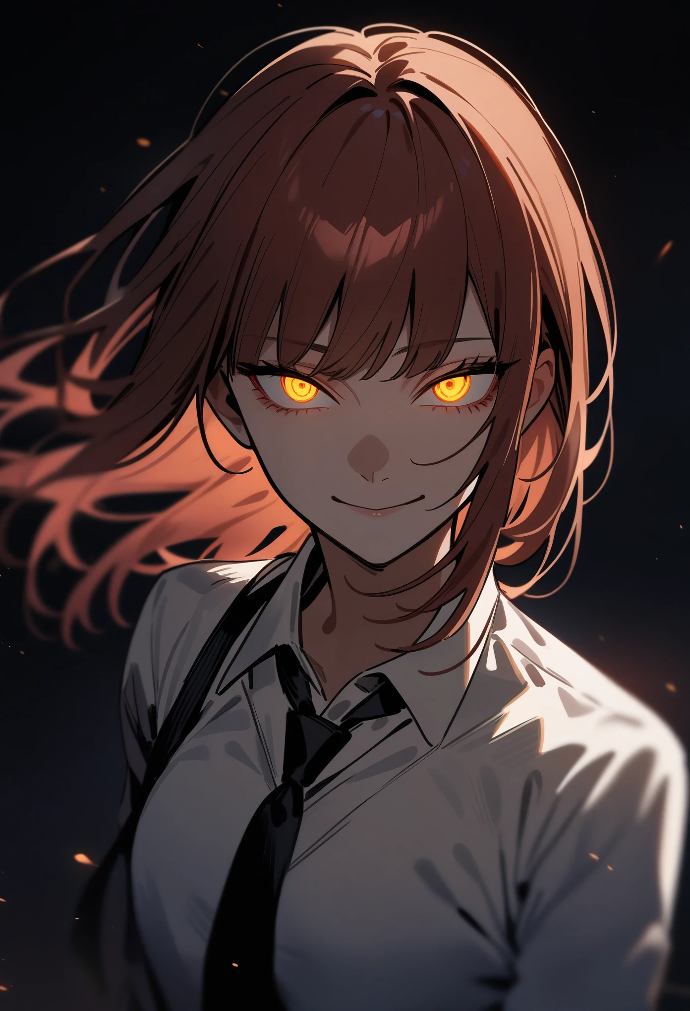 Masterpiece, Best Quality, full body, (Solo), Makima \ (Chainsaw Man \), (20yo, Mature Cool and Beautiful Face), Standing, (Redhead), (Bright Glowing Eyes: 1.4), (Golden Eyes: 1.3), Bangs, Medium, White Shirt, Tie, Staring, ( Smile), (Evil: 1.2), Staring at the Viewer, (Narrow Eyes), High Definition, (Staring at the Viewer: 1.15), dark background, background blur,