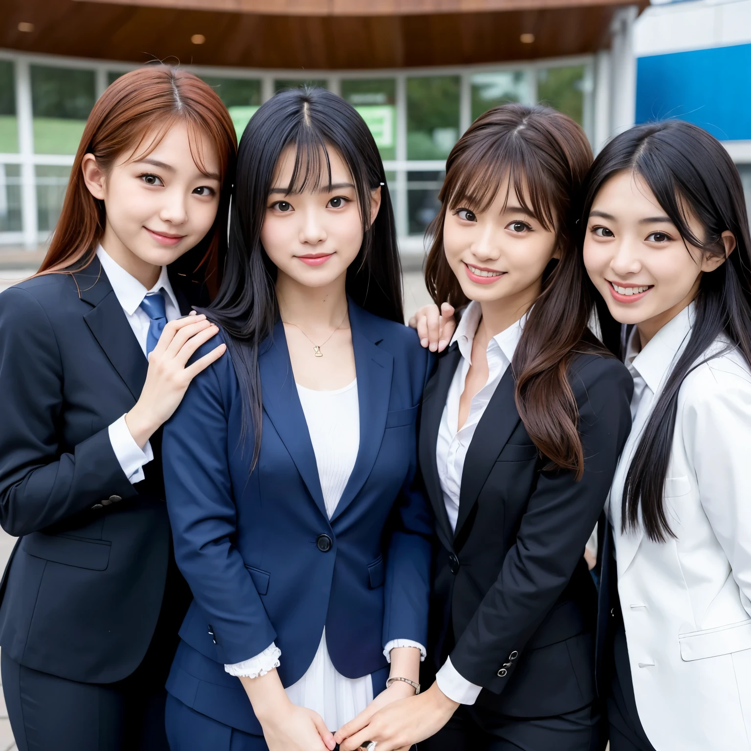 Best-quality, Masterpiece, Ultra-High-Resolution, (Photorealistic:1.4), Raw-Photo, Extremely-Details, Perfect-Anatomies, 3-girls, all 18-years-old and Japanese high-school students, the most popular Japanese idol, the most popular Japanese actress, the most popular Japanese model, (all having a lot of fun at school-life), all different faces, all extremely cute face like the most popular Japanese idolsxenon, all extremely beautiful big-eyes, all extremely beautiful and each different colored hair, all extremely beautiful skins, (((all wearing business-suit))), all innocent-smile