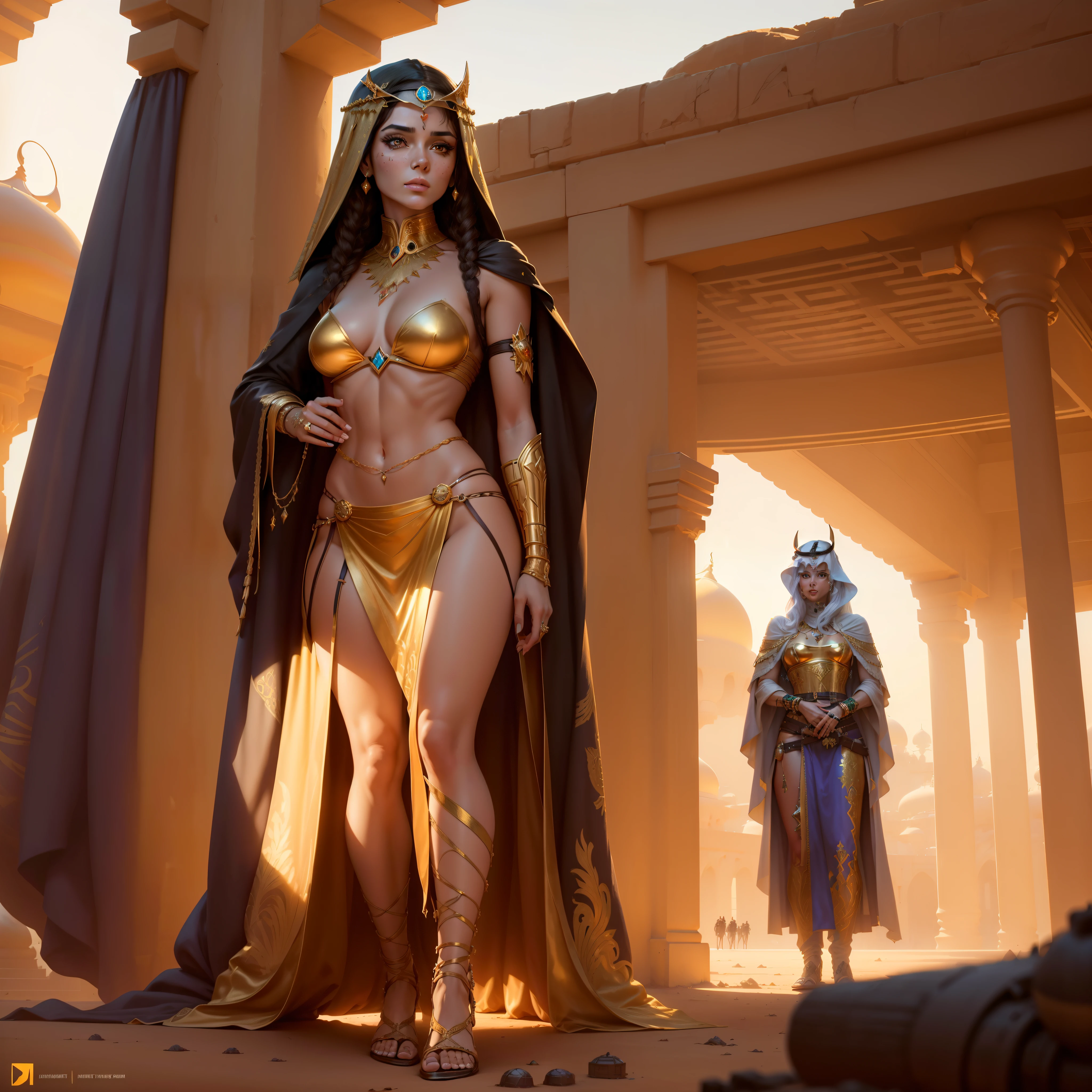 Photo of (arabian princess:1.5) Packed hall standing in the background々and衣装を着て (Cyberpunk Desert:1.3), (Exotic Royal Palace:1.5) and (sunset sky:1.2). In a complex hijab, Long vest in jewelry with gold embroidery, detailed face and eyes, (very detailed:1.4), 8K, realistic, (long dark brown hair:1.2), (young woman:1.1), Written by Jeremy Mann, Written by Sandra Chevrier, Written by Maciej Cuchara, (shadows and highlights:1.3), True Shadow, 。.3D, (golden hour lighting:1.3), (by Michelangelo:0.9), Art stations and deviations, Greg Rutkowski and Alphonse Much