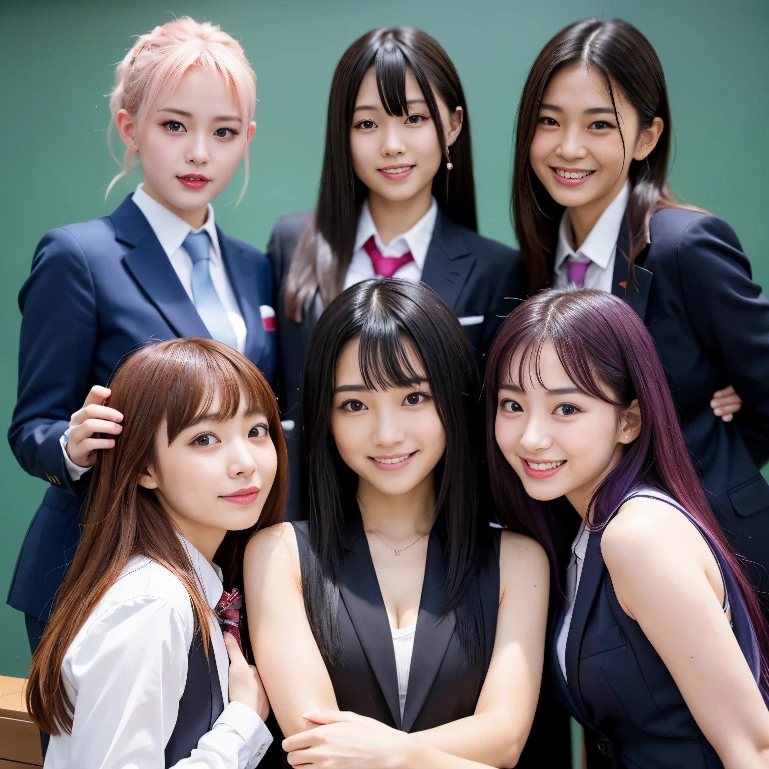 Best-quality, Masterpiece, Ultra-High-Resolution, (Photorealistic:1.4), Raw-Photo, Extremely-Details, Perfect-Anatomies, 3-girls, all 18-years-old and Japanese high-school students, the most popular Japanese idol, the most popular Japanese actress, the most popular Japanese model, (all having a lot of fun at school-life), all different faces, all extremely cute face like the most popular Japanese idolsxenon, all extremely beautiful big-eyes, all extremely beautiful and each different colored hair, all extremely beautiful skins, (((all wearing business-suit))), all innocent-smile