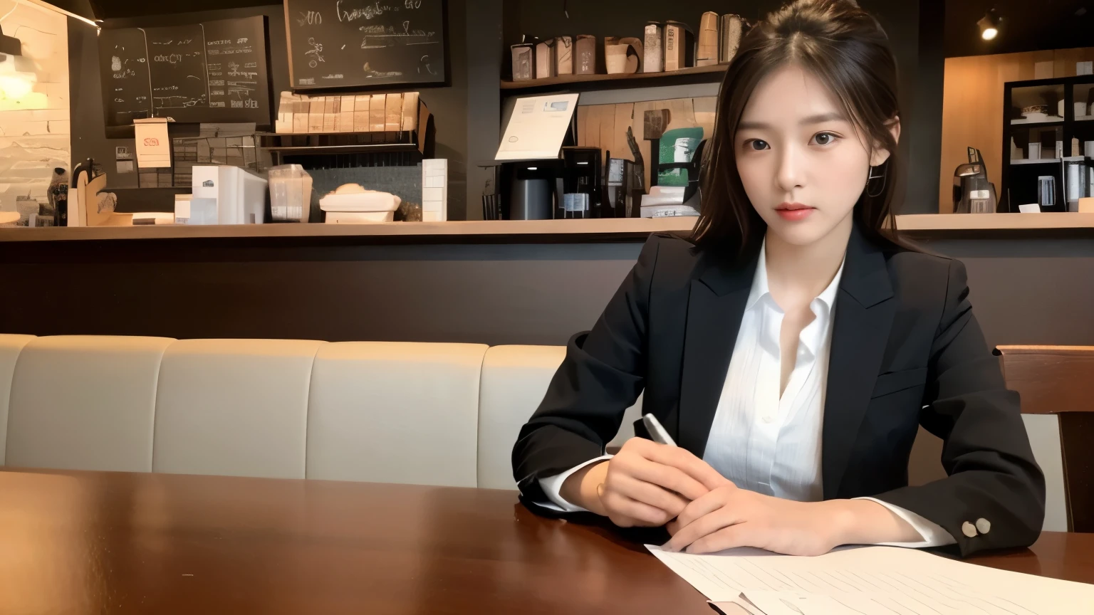 ((highest quality、8K、masterpiece:1.3))、sharp focus:1.2、Beautiful Japanese idol with perfect body:1.4、(Starbucks open cafe:1.2)、Terrace seats、Highly detailed face and skin texture、 detailed eye、double eyelid、black suit,