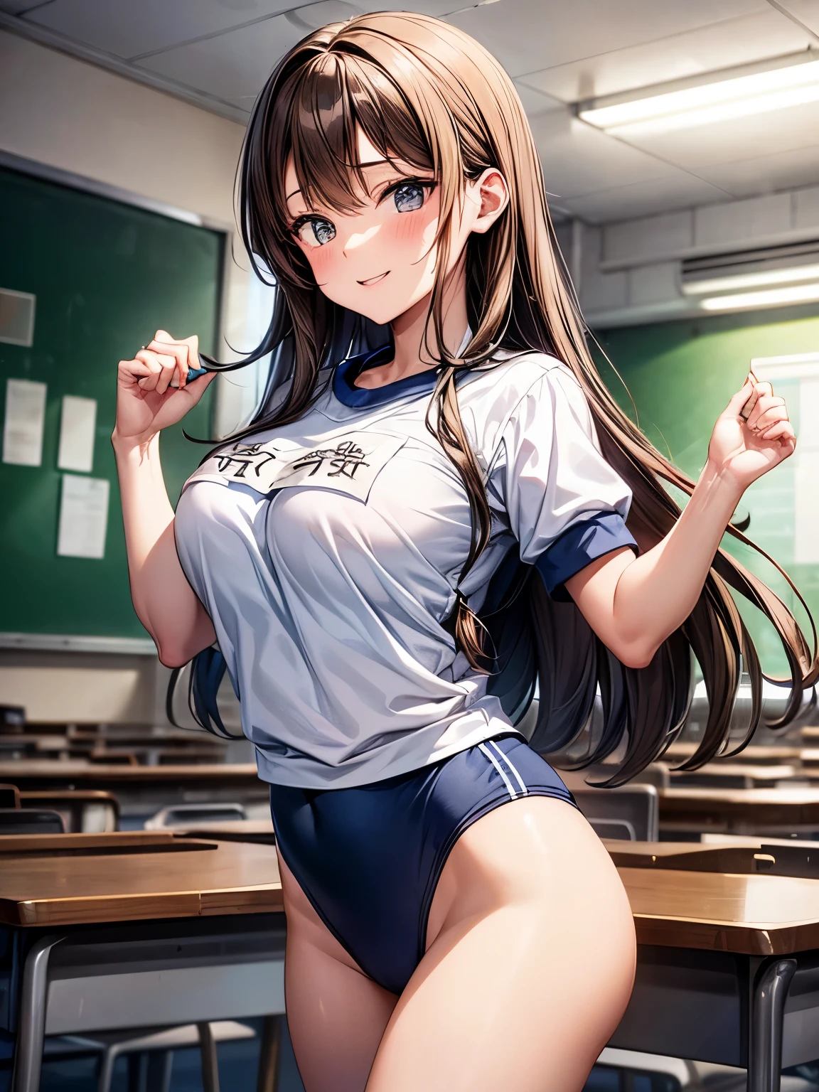 highest quality、complete limbs、Beautiful woman、beautiful big breasted woman:1.3、((brown haired woman:1.3))、long hair woman、straight hair、(((white gym uniform)))、((dark blue high leg spats:1.3))、bloomers、big smile、sexy pose、(((school classroom)))