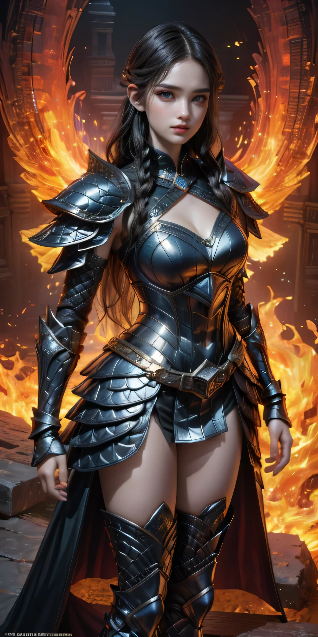 (master piece, top quality, High resolution), (hyper realistic:1.2)、detailed face、beautiful expression、shy smile、 (((women's armor))), (((Armor Dress Set))), (she has long black hair, cowboy shot、thin waist、navel、between legs、 bewitching、sexy mature woman、Sexy is、(stand)、(come walking)、(jump up)、(sit)、 photo pose, top view、urban ruins、 background details、 (((whole body)), From above, solo、