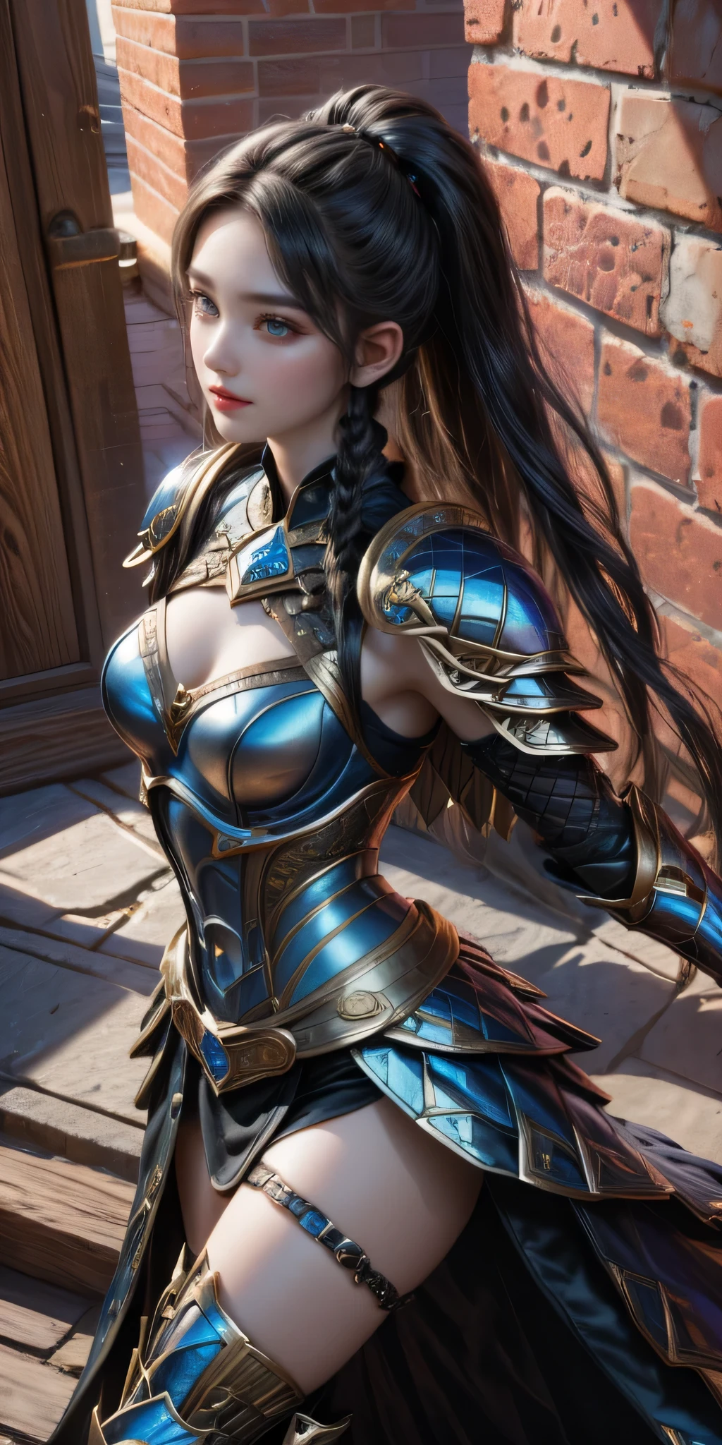 (master piece, top quality, High resolution), (hyper realistic:1.2)、detailed face、beautiful expression、shy smile、 (((women's armor))), (((Armor Dress Set))), (she has long black hair, cowboy shot、thin waist、navel、between legs、 bewitching、sexy mature woman、sexy、(random pose)、(change pose)、(dynamic angle)、 top view、urban ruins、 background details、 (((whole body)), From above, solo、