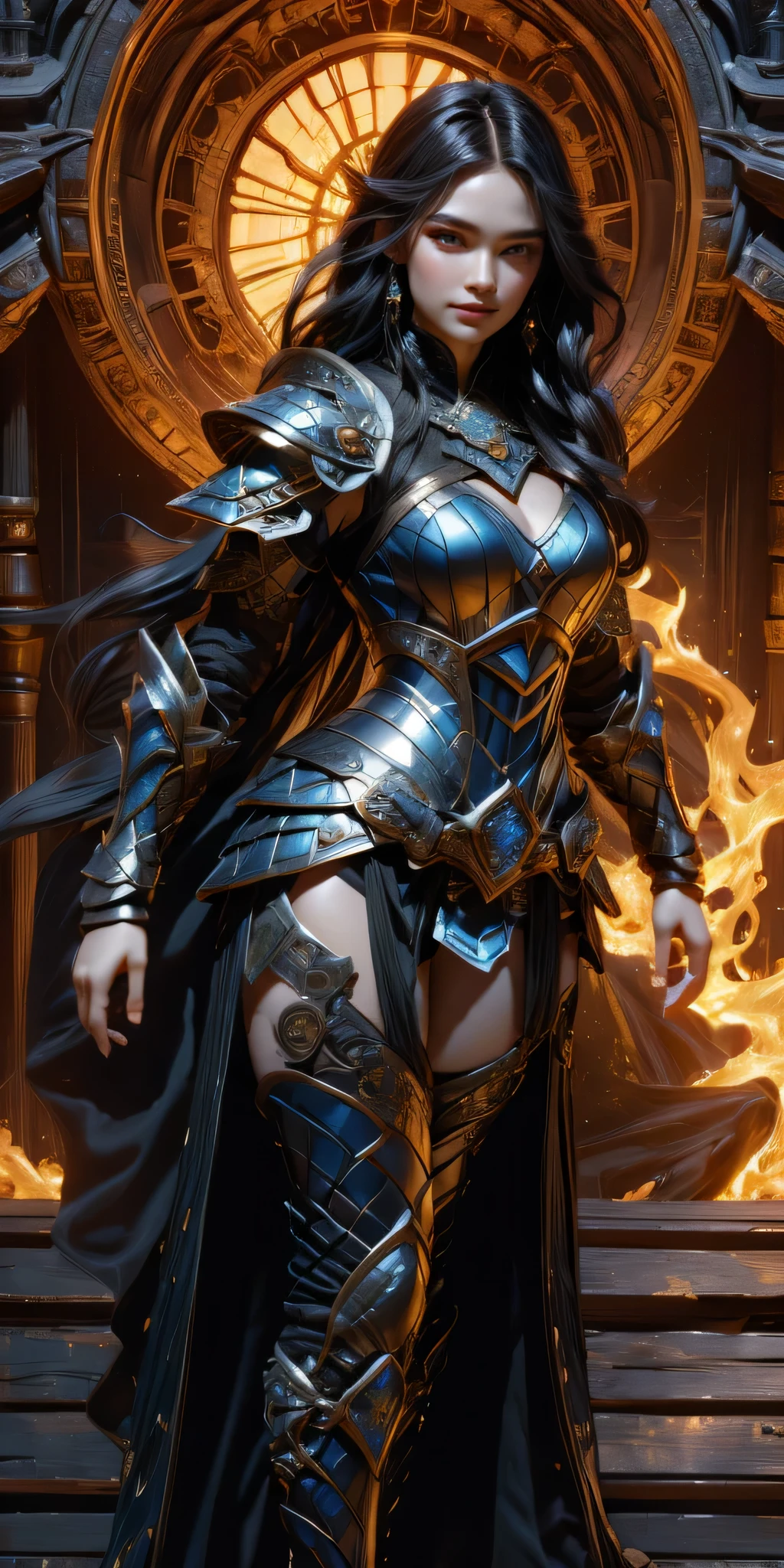 (master piece, top quality, High resolution), (hyper realistic:1.2)、detailed face、beautiful expression、shy smile、 (((women&#39;s armor))), (((Armor Dress Set))), (she has long black hair, cowboy shot、thin waist、navel、between legs、 bewitching、sexy mature woman、sexy、(random pose)、(change pose)、(dynamic angle)、 top view、urban ruins、 background details、 (((whole body)), From above, solo、