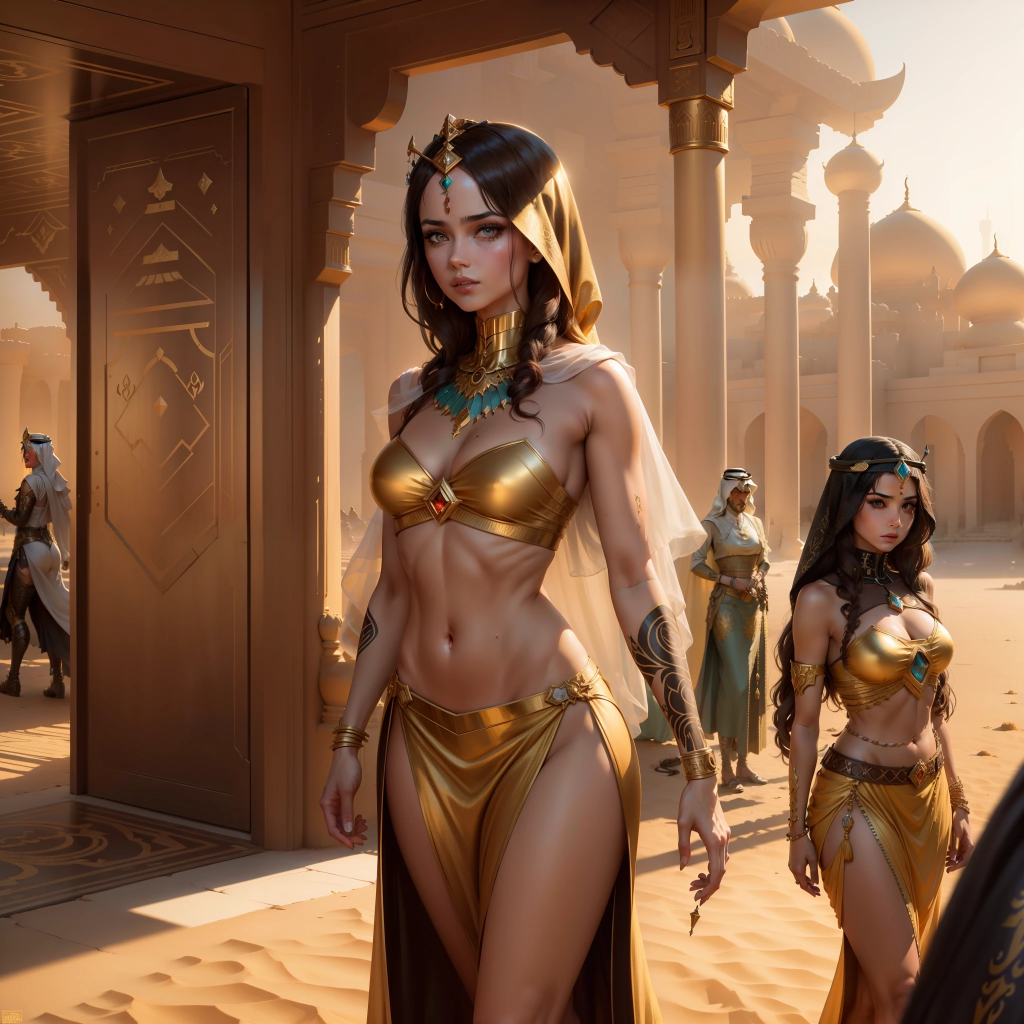 Photo of (arabian princess:1.5) Packed hall standing in the background々and衣装を着て (Cyberpunk Desert:1.3), (Exotic Royal Palace:1.5) and (sunset sky:1.2). In a complex hijab, Long vest in jewelry with gold embroidery, detailed face and eyes, (very detailed:1.4), 8K, realistic, (long dark brown hair:1.2), (young woman:1.1), Written by Jeremy Mann, Written by Sandra Chevrier, Written by Maciej Cuchara, (shadows and highlights:1.3), true shadow, 。.3D, (golden hour lighting:1.3), (by Michelangelo:0.9), Art stations and deviations, Greg Rutkowski and Alphonse Much