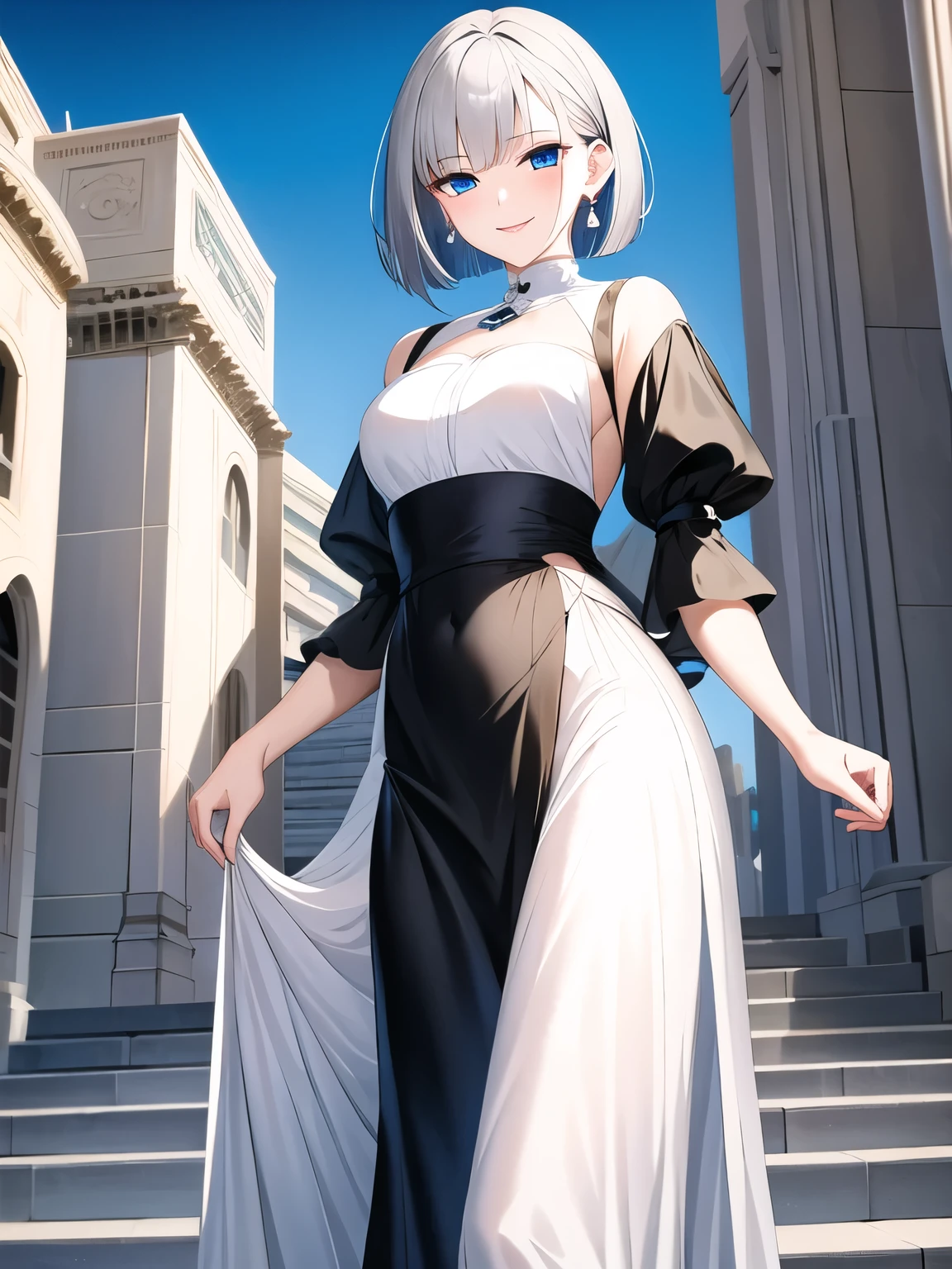 (masterpiece), highest quality, blue eyes, light gray hair,(short bob hair)、expressive eyes, Palace courtyard,mysterious sight , highlight, dramatic lights, white and black fluffy clothes、long skirt、earrings、smiling expression、((small breasts))、