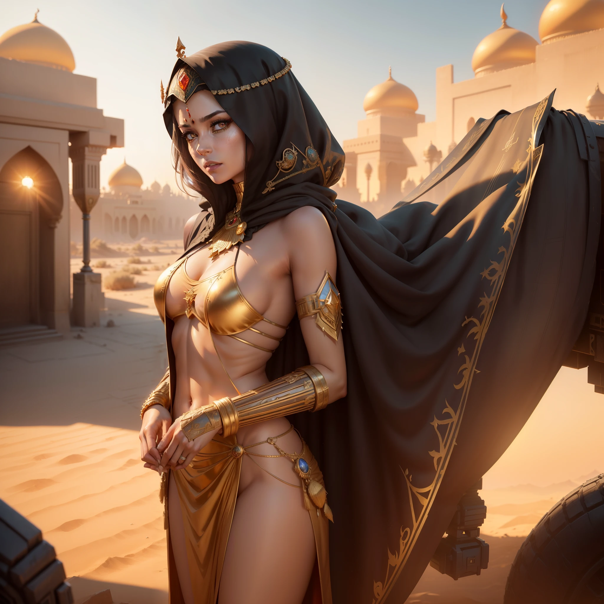 Photo of (arabian princess:1.5) Packed hall standing in the background々and衣装を着て (Cyberpunk Desert:1.3), (Exotic Royal Palace:1.5) and (sunset sky:1.2). In a complex hijab, Long vest in jewelry with gold embroidery, detailed face and eyes, (very detailed:1.4), 8K, realistic, (long dark brown hair:1.2), (young woman:1.1), Written by Jeremy Mann, Written by Sandra Chevrier, Written by Maciej Cuchara, (shadows and highlights:1.3), true shadow, 。.3D, (golden hour lighting:1.3), (by Michelangelo:0.9), Art stations and deviations, Greg Rutkowski and Alphonse Much