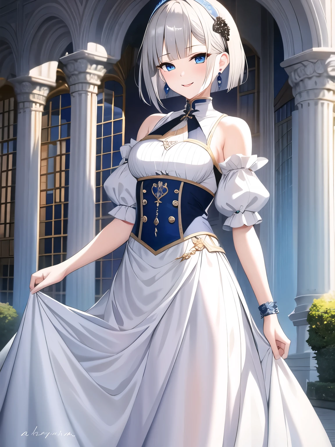 (masterpiece), highest quality, blue eyes, light gray hair,(short bob hair)、expressive eyes, Palace courtyard,mysterious sight , highlight, dramatic lights, white and black fluffy clothes、long skirt、earrings、smiling expression、((small breasts))、