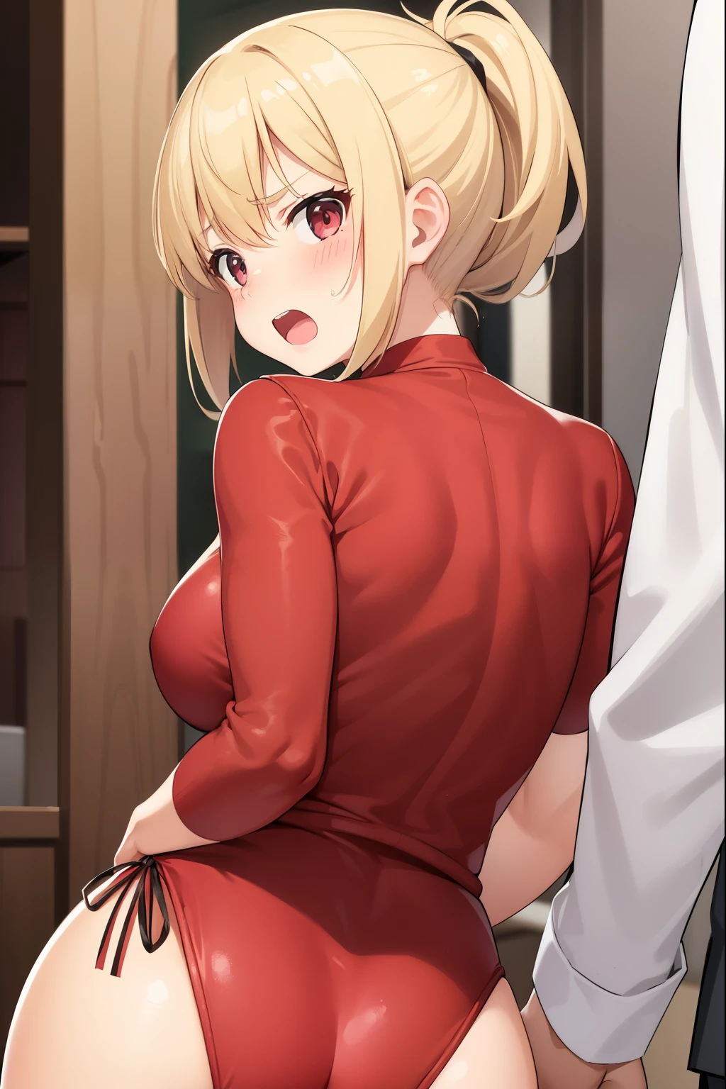 A girl is hugged from behind by an old man,blonde ponytail girl,girl in red leotard,blush,girl opens big mouth,the girl looks embarrassed,