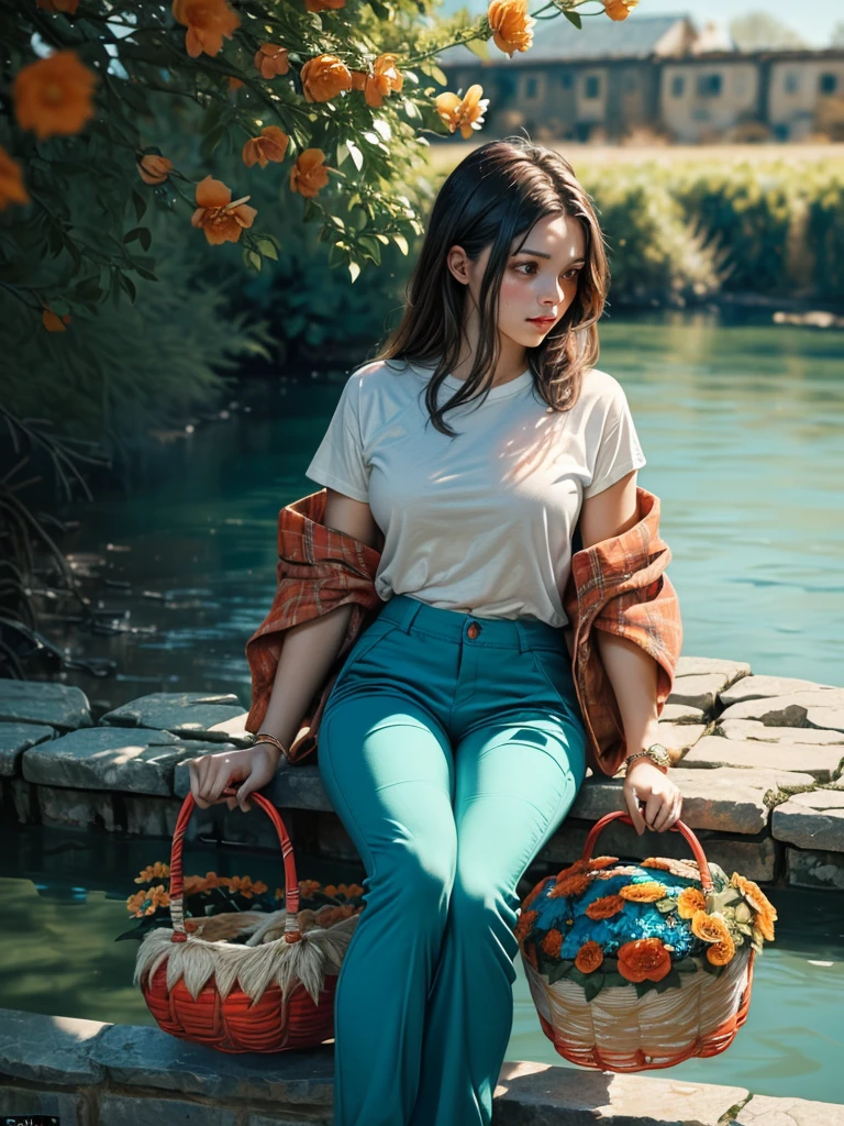 general shot:1.4, unreal engine:1.4,ultra realistic CG 32K, photorealistic:1.4, skin texture:1.4, masterpiece:1.4, perfect body, ((Beautiful woman sitting Reflecting on the bank of the river, back with shirt tucked inside his cyan-colored pants, rolled-up earth-colored pants, colorful decorations, basket with flowers at his side:1.5)), he has his hands pressed on his chin, thoughtful:1.4, ((epic beautiful landscape:1.4)).