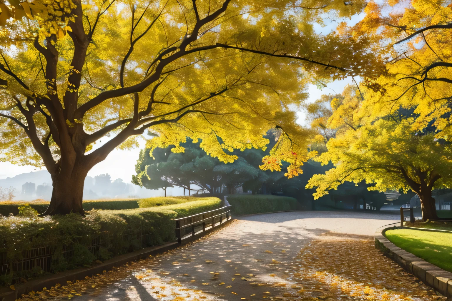 (ginkgo tree), autumn scenery, best quality, super detailed, actual, portrait, High resolution, amazing, glowing golden leaves, thin strokes, bright yellow leaves, Ginkgo liquid crystal oral liquid is sprinkled on the fallen leaves，Beautiful pattern, The sun shines through the branches, fresh air, peaceful atmosphere, Mottled light and shadow, peaceful, quiet, ethereal, oak tree trunk, natural beauty, natural beauty, slow life, Echoes of the past, Picturesque scenery, Bright colors, harmonious composition, silent scenery, quiet harbor, delicate leaf veins, nostalgia, romantic, simple beauty+