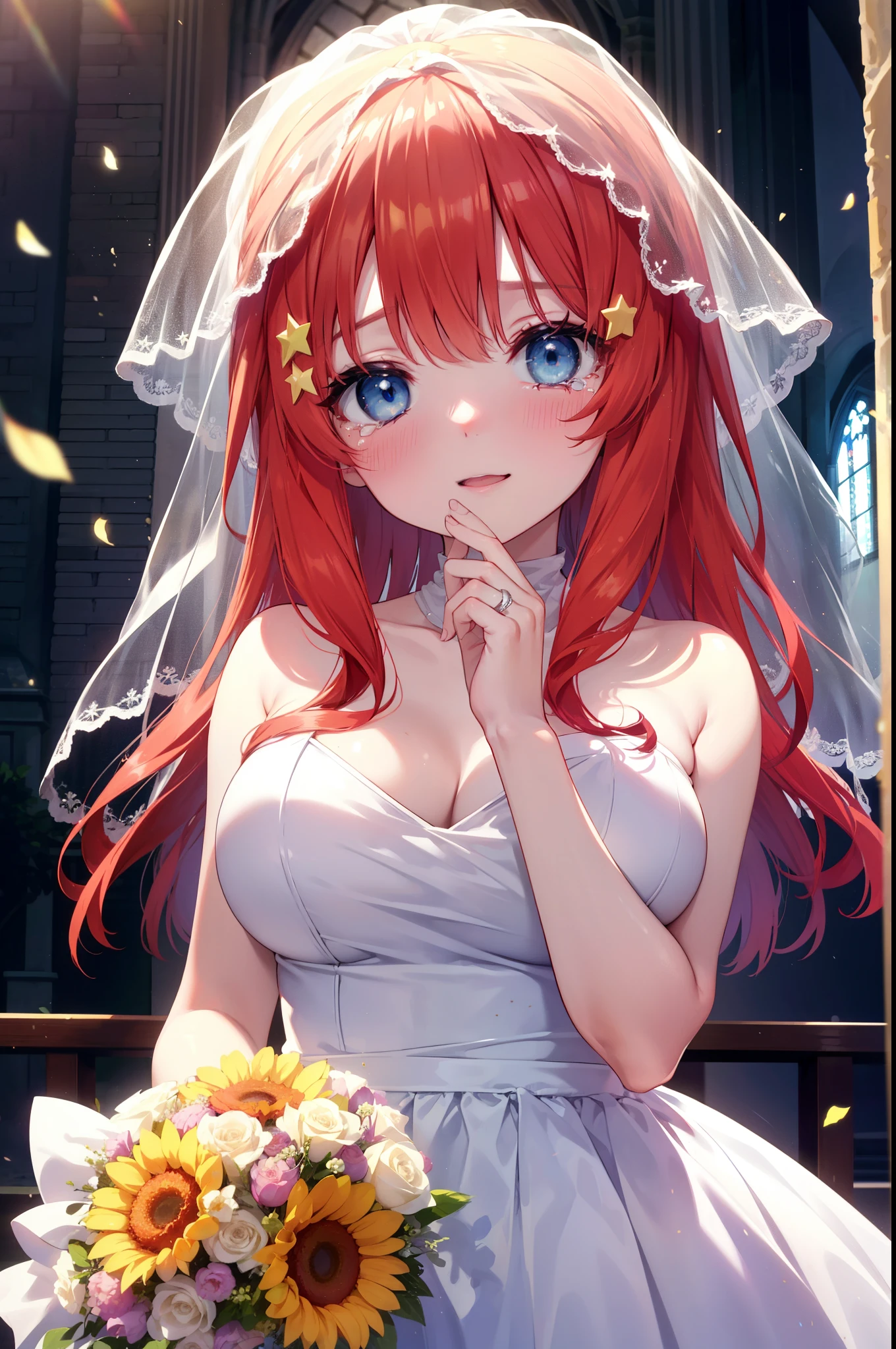 itsukinakano, itsuki nakano, bangs, blue eyes, hair between eyes, long hair,redhead, star \(symbol\), hair ornaments, star hair ornaments,smile,blush,open your mouth, happy atmosphere,Big tears are running down her face,tears of joy,Light of the sun,Stand Glass,bare clavicle,bare shoulders,Wedding dress,veil,Wedding Skirts,bouquet,holding a large bouquet of flowers in both hands,Hanabubuki, 
break indoors, church,chapel, 
break (masterpiece:1.2), highest quality, High resolution, unity 8k wallpaper, (shape:0.8), (fine and beautiful eyes:1.6), highly detailed face, perfect lighting, Very detailed CG, (perfect hands, perfect anatomy),
