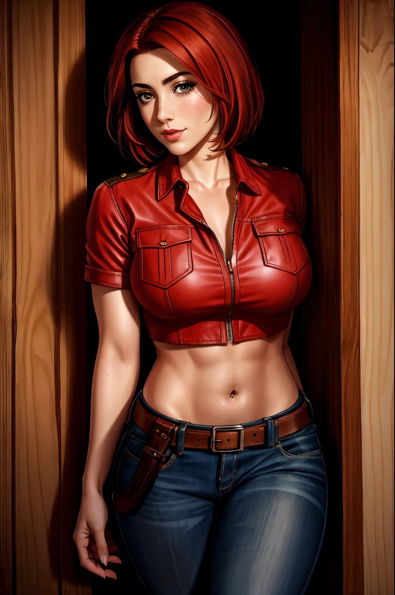 Allison Scagliotti, reddish hair, cowboy shot, bobcut