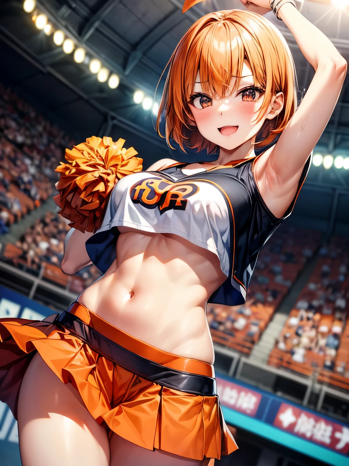 highest quality、complete limbs、A beautiful woman in her 20s、cheerleader、(orange hair woman:1.3)、short hair woman、beautiful big breasted woman、big smile、(オレンジ色と黒色のcheerleaderコスチュームを着た女性:1.3)、A woman wearing a super miniskirt、orange pants、dancing、baseball Ground、ground