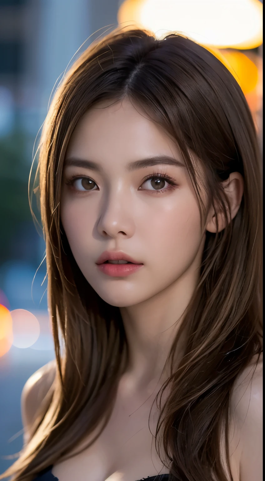 ((realistic lighting, highest quality, 8K, masterpiece: 1.3)), clear focus: 1.2, 1 girl, perfect body beauty: 1.4, slim abs: 1.1, ((dark brown hair, big: 1.3)), (accelerate: 1.4), (outdoor, night: 1.1), street, super slender face, fine eyes, double eyelid, exposed cleavage, incredibly absurd, messy hair, floating hair,