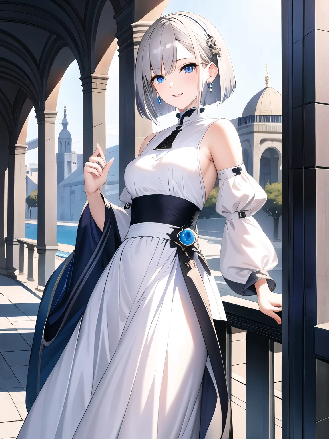 (masterpiece), highest quality, blue eyes, light gray hair,(short bob hair)、expressive eyes, Palace courtyard,mysterious sight , highlight, dramatic lights, white and black fluffy clothes、long skirt、earrings、smiling expression、((small breasts))、