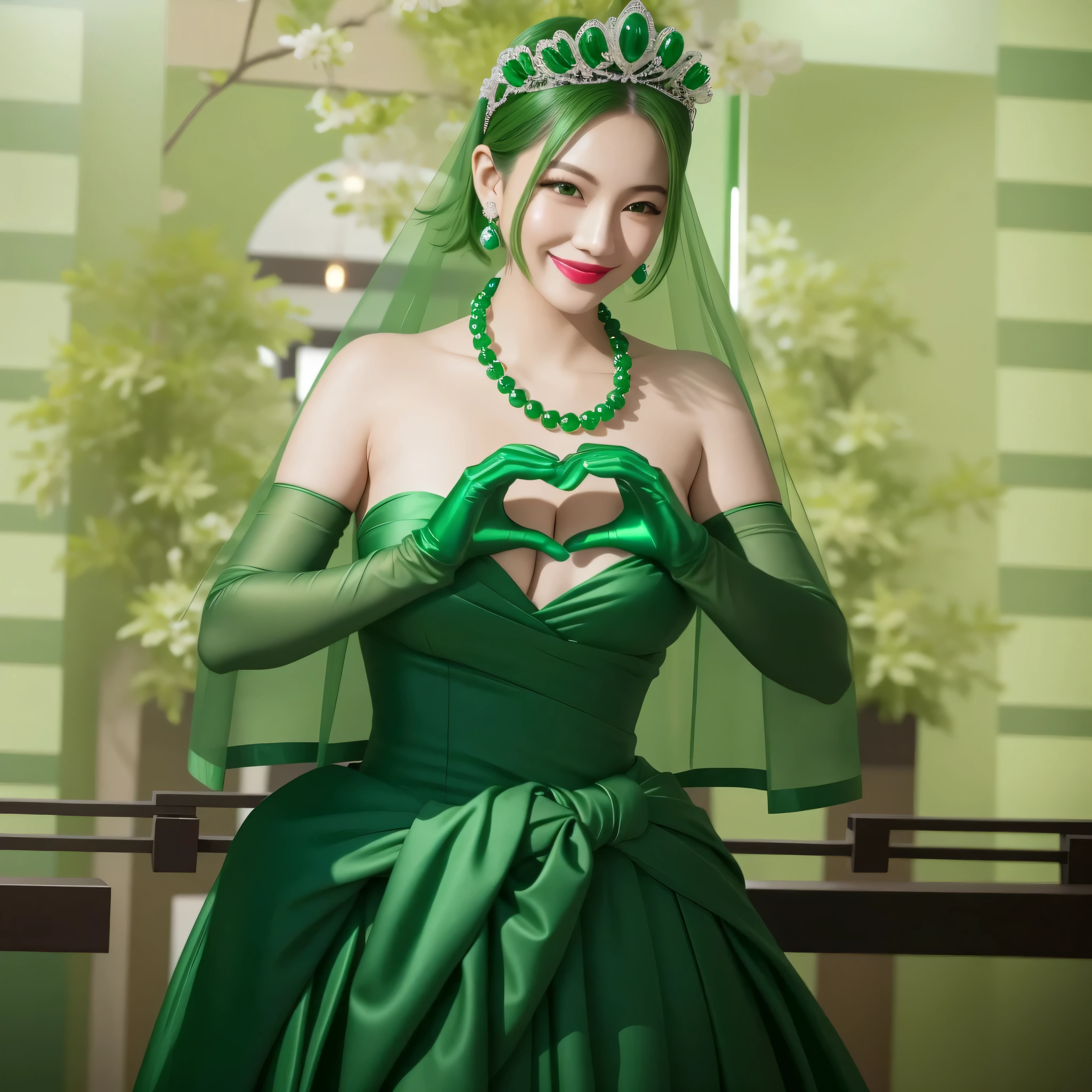 emerald tiara, green pearl necklace, ボーイッシュな非常に短いgreen hair, green lips, smiling Japanese woman, very short hair, Beautiful woman with big breasts, green eyes, green satin long gloves, green eyes, emerald earrings, green veil, Heart with both hands, green hair, beautiful japanese woman, heart shaped hands:1.3, green lip gloss