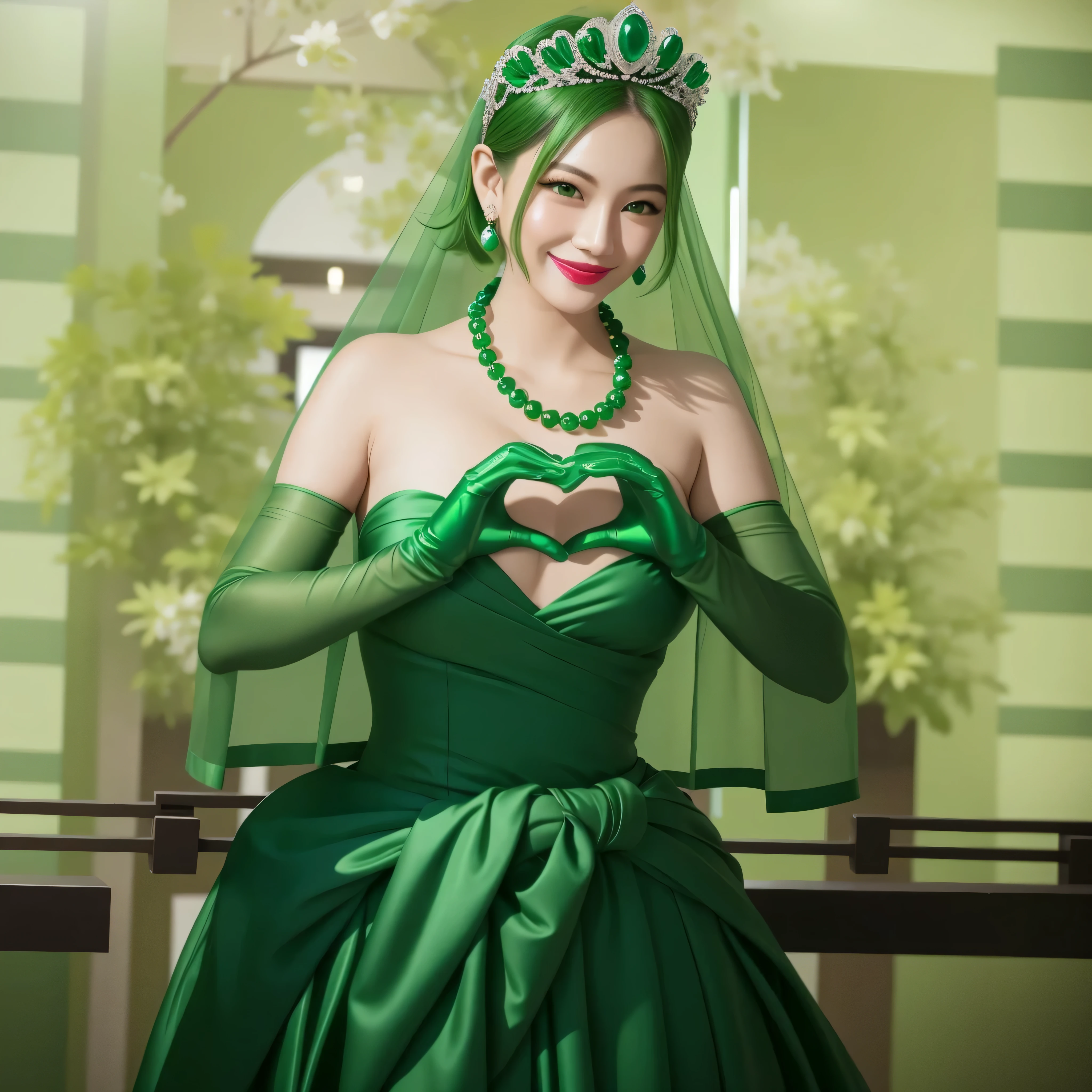 emerald tiara, green pearl necklace, ボーイッシュな非常に短いgreen hair, green lips, smiling Japanese woman, very short hair, Beautiful woman with big breasts, green eyes, green satin long gloves, green eyes, emerald earrings, green veil, Heart with both hands, green hair, beautiful japanese woman, heart shaped hands:1.3, green lip gloss
