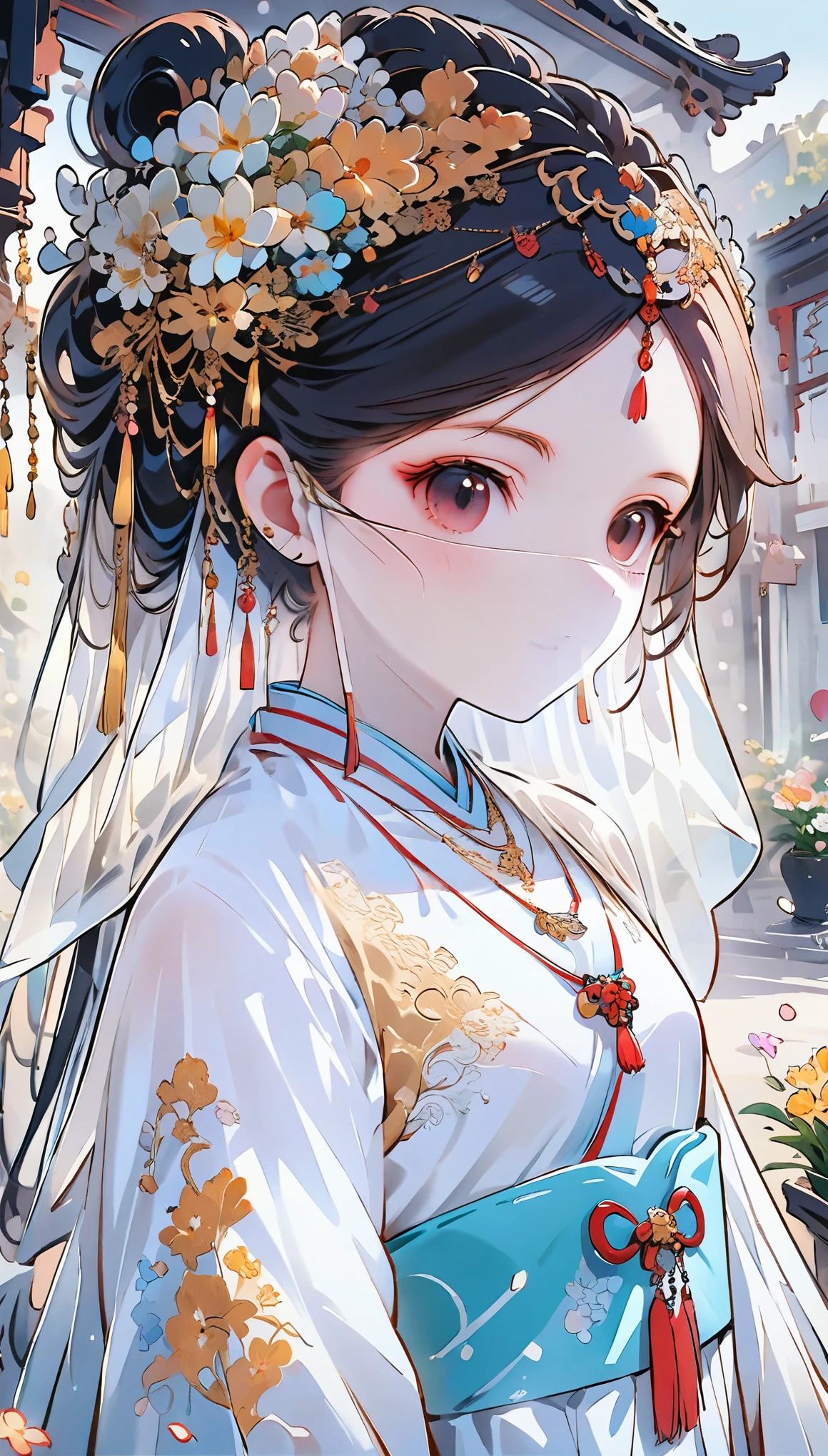 (masterpiece, best quality:1.2),  curly hair curly hair，Eyes are very delicate,Chinese beauty,Gorgeous lace golden red Hanfu,whole body（（（hair accessories）））（（（veil）））,necklace,a garden with many flowers,（（（masterpiece）））, （（best quality））, （（intricate details））,（（surreal））（8K）