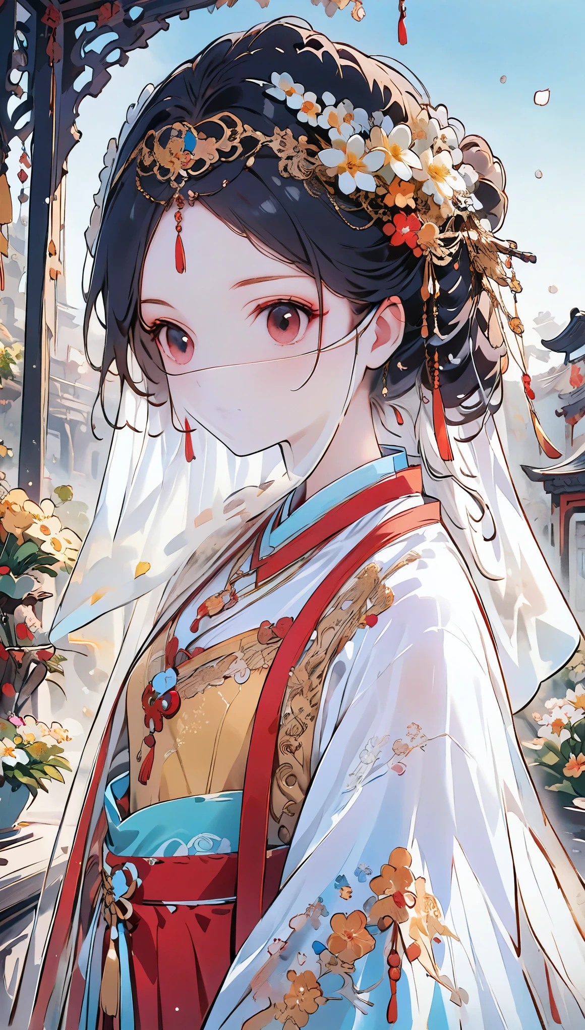 (masterpiece, best quality:1.2),  curly hair curly hair，Eyes are very delicate,Chinese beauty,Gorgeous lace golden red Hanfu,whole body（（（hair accessories）））（（（veil）））,necklace,a garden with many flowers,（（（masterpiece）））, （（best quality））, （（intricate details））,（（surreal））（8K）