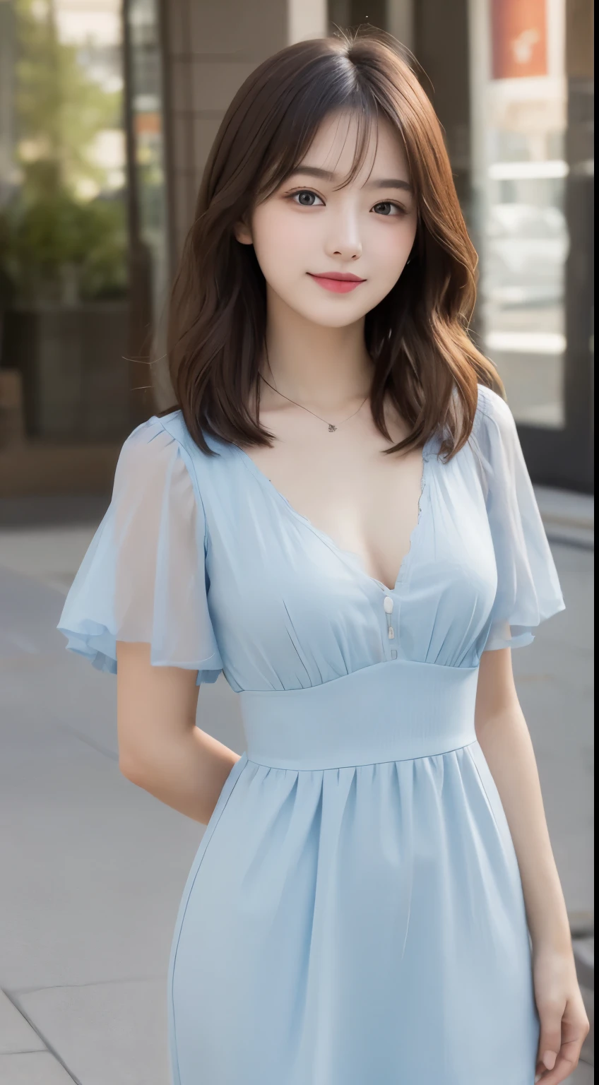 table top, highest quality, shape, Super detailed, finely, High resolution, 8k wallpaper, 完璧なダイナミックな構shape, finelyて美しい目, Women's Fashion Spring、medium hair,small breasts、（chest exposure:1.3）natural color lip,smile,Harajuku、20 year old girl、cute、sexy shot looking at camera,Light blue sexy dress