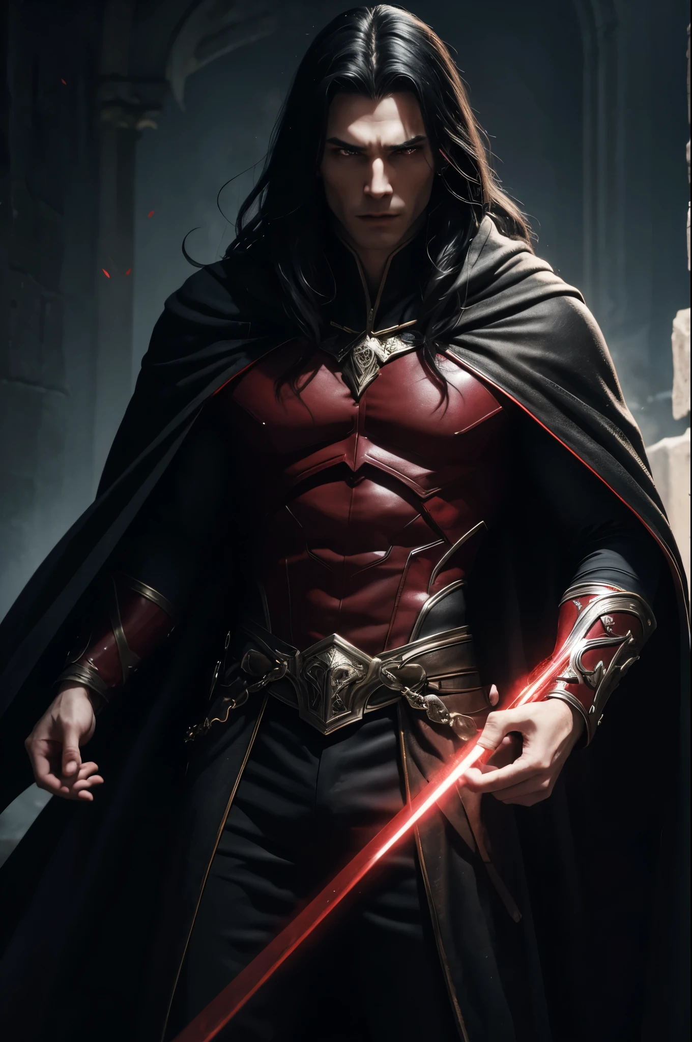 8K,vampire of the underworld,vampire demon slayer,super handsome(like the real thing),sharp red eyes(red glowing effect),pale skin(超realistic skin),vampire big fangs,pointed ears,gentleman costume,black cloak,lean muscular body,long white wavy hair,masterpiece,Photorealistic RAW photos of the highest quality。bright colors,rich colors, Backlight, cinematic lighting, film grain, to be born, 50MM lens, Nikon D850,realistic skin,fantasy art,character art,ultra high resolution,realistic scale skin,Perfect hand shape,view audience,