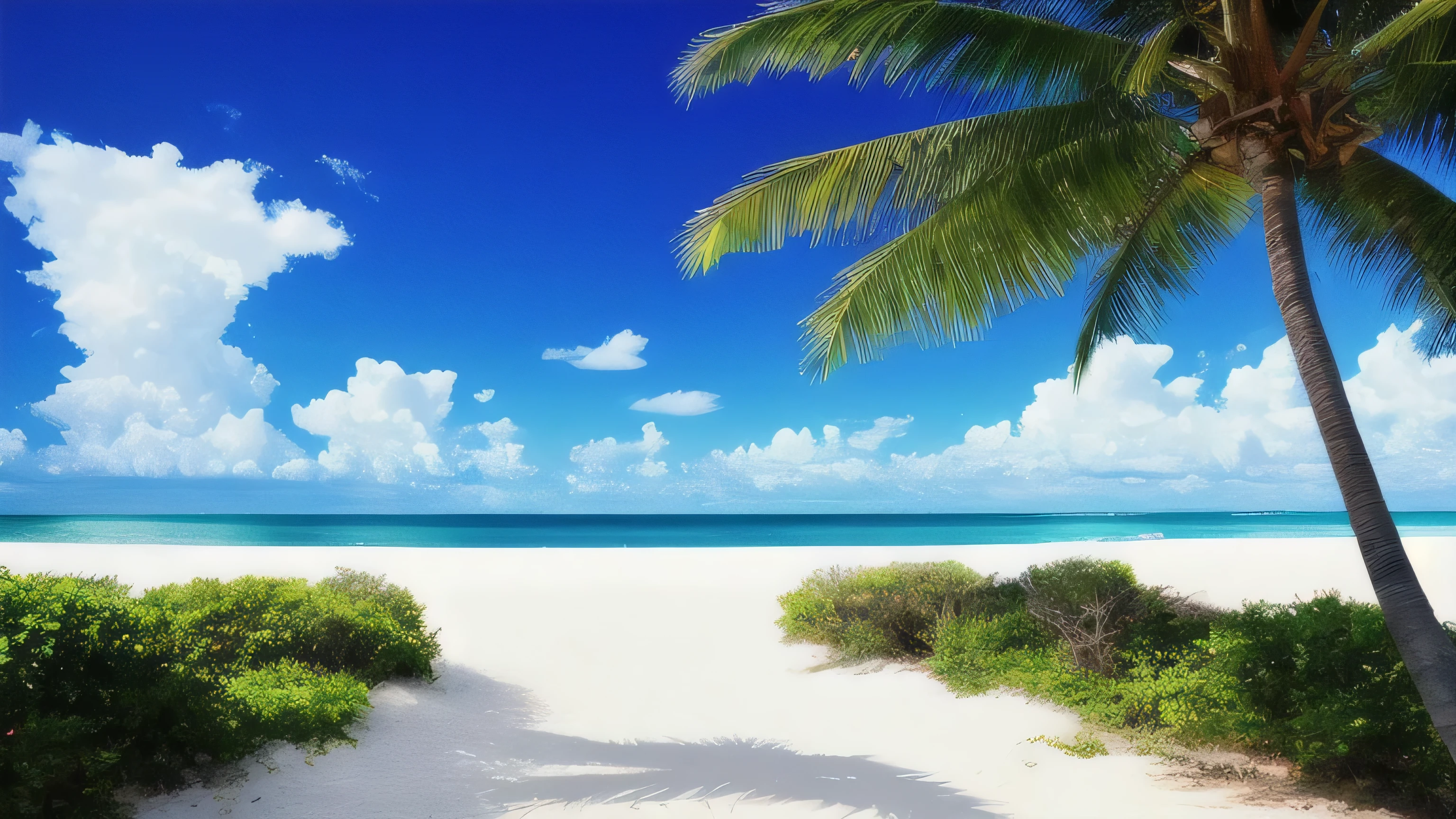 masterpiece, ultimate quality, CG Unity 8K 壁紙, super delicate, beautiful sky and clouds, blue sea、white sand beach、tropical beach、Palm tree、 no trace of people, Nice views, Already won a photo contest, Entire depth of field, HDR high dynamics, true restoration, Complex, extreme details, dramatic presentation, Perfectly expresses the style of mid-journey art.A rainbow is out