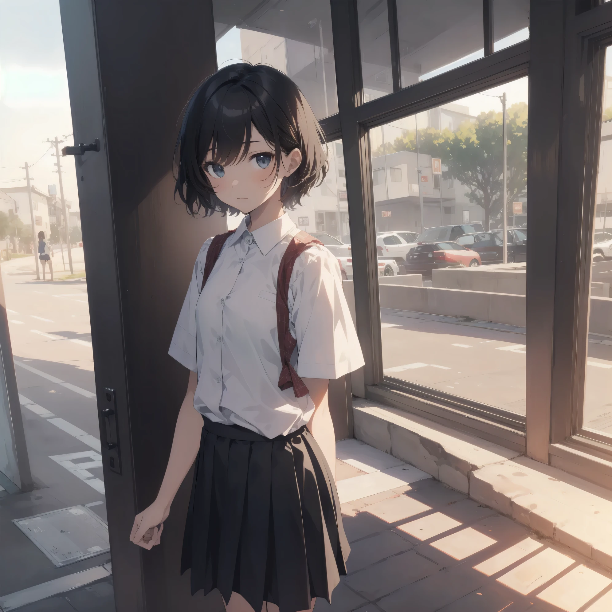 Super Absurd - Top Quality from the God of Art, Super detailed, High resolution, anime moe art style, cute girl portrait, best anime 8K konachan wallpaper, Pixiv contest winners, perfect anatomy,break, (眠そうにalone学校へ行く女の子を描いてください. )break,1 girl, (alone,little woman, 13 years old:1.3),All limbs, full finger,, The charm of an immature body, (very_short hair), shortcut, Bang, flat chest, , small ass, between legs, small black eyes, detailed and beautiful eyes, Well-proportioned iris and pupils, expressive eyes, High resolutionの詳細な髪, expressive, neck ribbon, shirt, collared shirt, skirt, pleated skirt, , (detailed lighting), (detailed background), On the way to school. break,super dense skin, Best cinematic lighting powered by famous artist, 8K,Beauty Illustration,photoshop_(Moderate),Absurd Hi-Res,UHD,rough skin,break,((artist:imigimuru)), artist:mifuru,artist:Fujiyama,artist:sekiya asami,