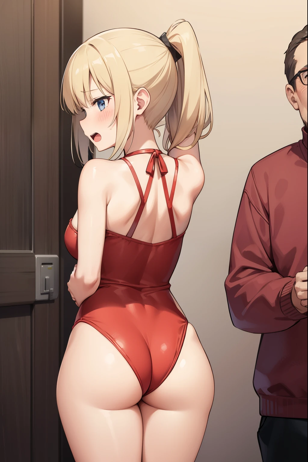 A girl is hugged from behind by an old man,blonde ponytail girl,girl in red leotard,blush,girl opens big mouth,the girl looks embarrassed,
