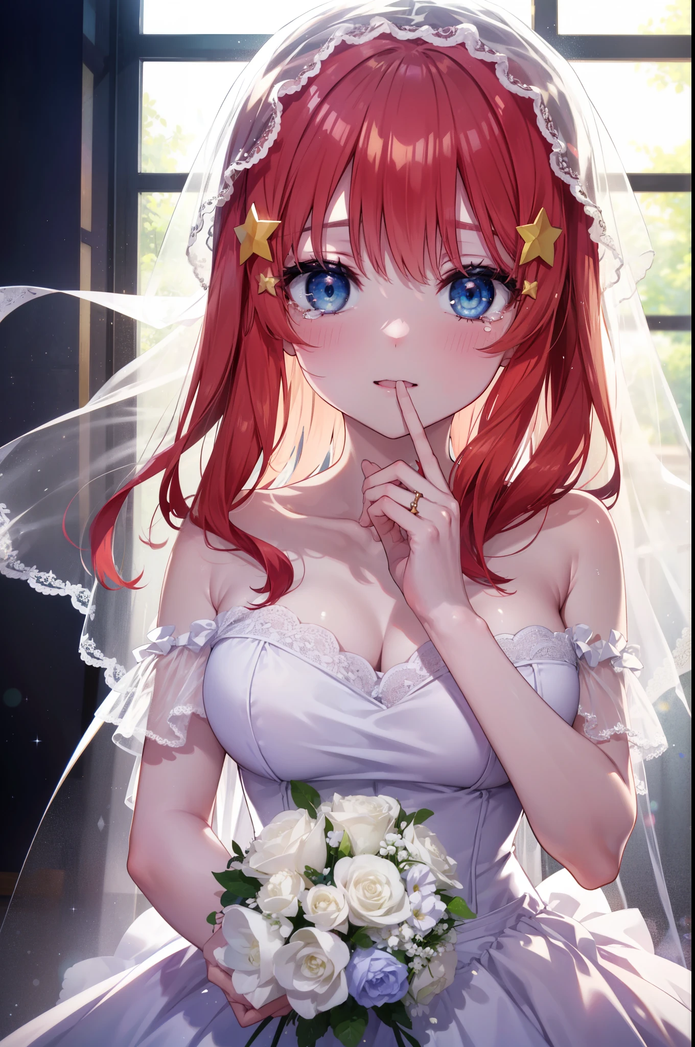 itsukinakano, itsuki nakano, bangs, blue eyes, hair between eyes, long hair,redhead, star \(symbol\), hair ornaments, star hair ornaments,smile,blush,open your mouth, happy atmosphere,Big tears are running down her face,tears of joy,Light of the sun,Stand Glass,bare clavicle,bare shoulders,Wedding dress,veil,Wedding Skirts,bouquet,holding a large bouquet of flowers in both hands,Hanabubuki, 
break indoors, church,chapel, 
break (masterpiece:1.2), highest quality, High resolution, unity 8k wallpaper, (shape:0.8), (fine and beautiful eyes:1.6), highly detailed face, perfect lighting, Very detailed CG, (perfect hands, perfect anatomy),
