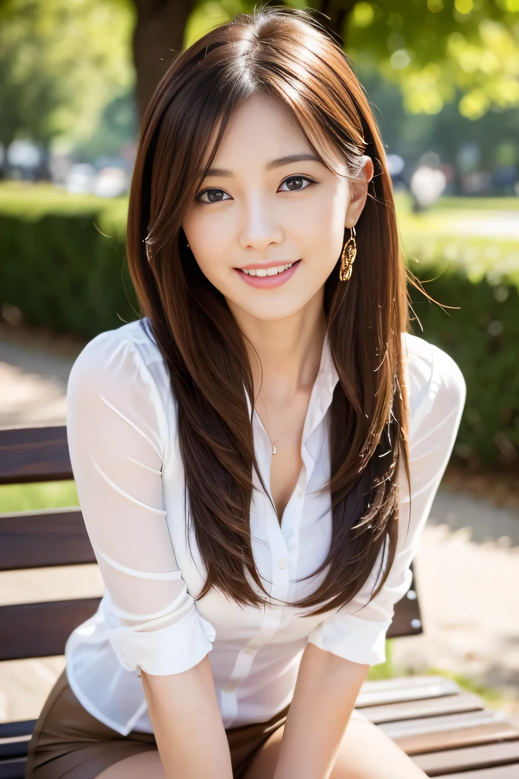table top, highest quality, realistic, Super detailed, finely, High resolution, 8k wallpaper, 1 beautiful woman,, light brown messy hair, wearing a business suit, sharp focus, perfect dynamic composition, finelyて美しい目, thin hair, Detailed and realistic skin texture,   model body shape、beautiful feet、sit on a park bench、speak with a bright smile、touch the ear