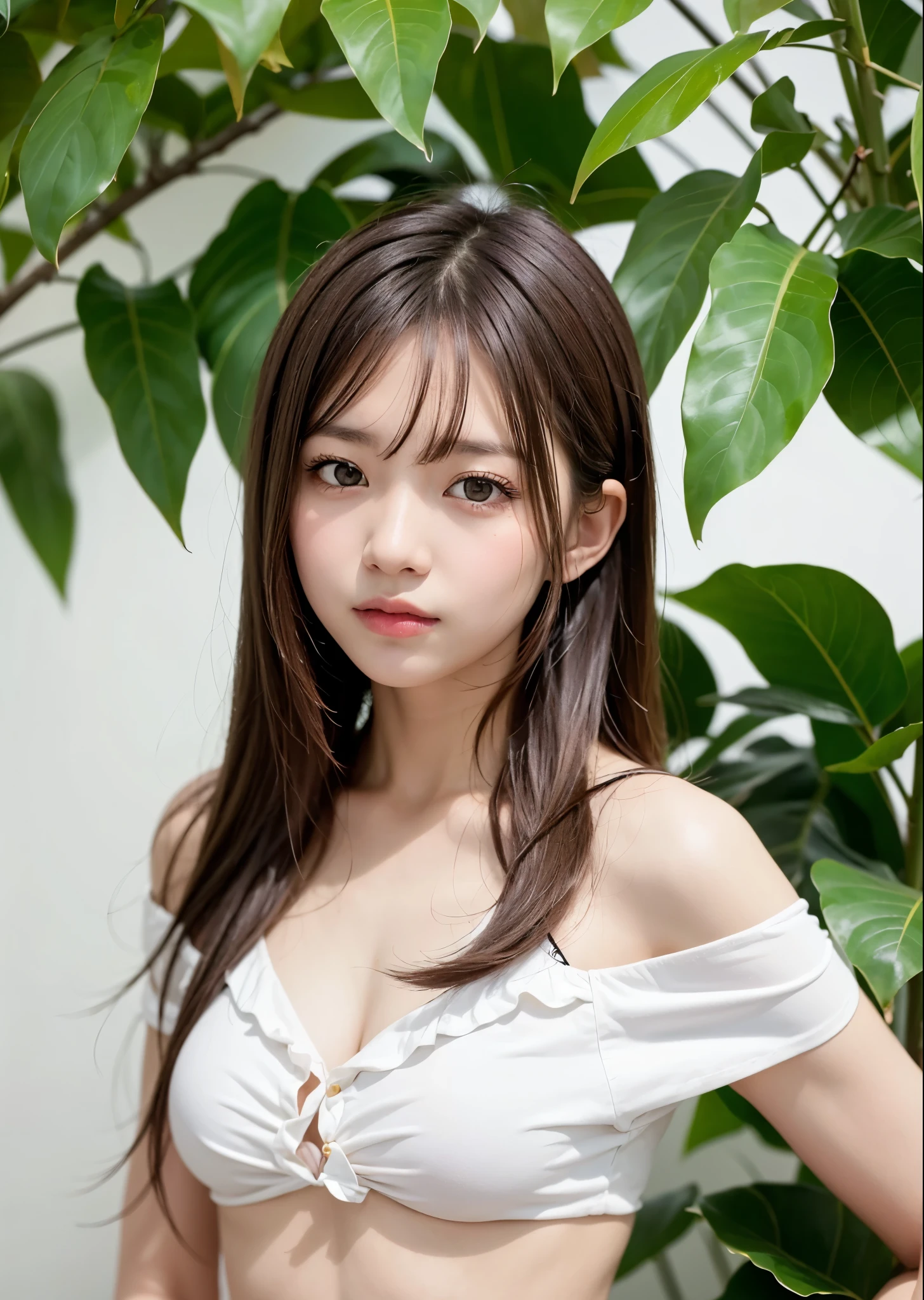 A cute girl wearing a white off-shoulder shirt with wine red frills、18 year old girl、（big brown eyes:1.2）、small breasts、（shiny brown hair）、tropical plants background、perfect lighting、sharp focus、High definition、high resolution、High color rendering、High resolution、Super realistic、photo realistic
