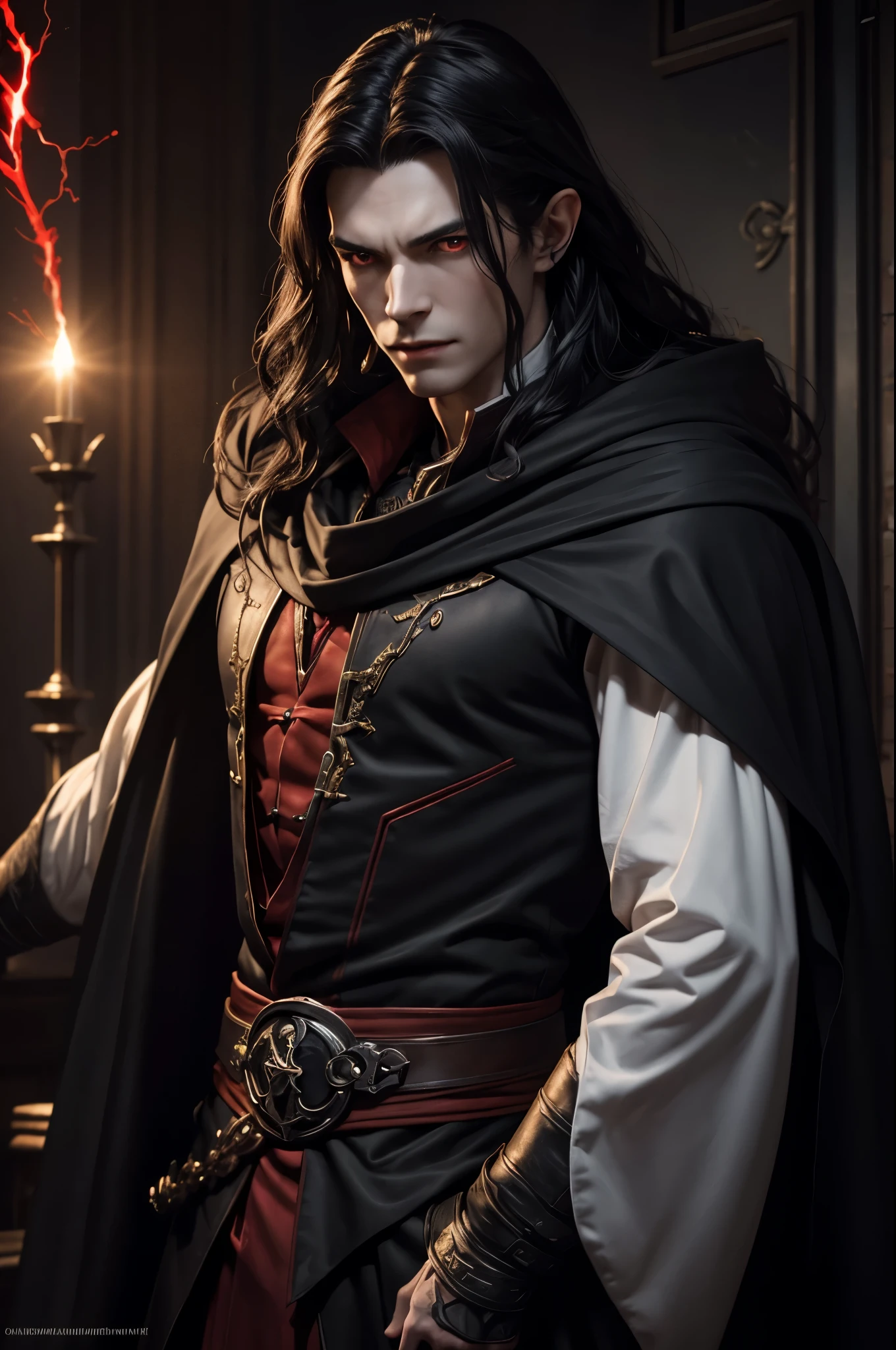 8K,vampire of the underworld,vampire demon slayer,super handsome(like the real thing),sharp red eyes(red glowing effect),pale skin(超realistic skin),vampire big fangs,pointed ears,gentleman costume,black cloak,lean muscular body,long white wavy hair,masterpiece,Photorealistic RAW photos of the highest quality。bright colors,rich colors, Backlight, cinematic lighting, film grain, to be born, 50MM lens, Nikon D850,realistic skin,fantasy art,character art,ultra high resolution,realistic scale skin,Perfect hand shape,view audience,