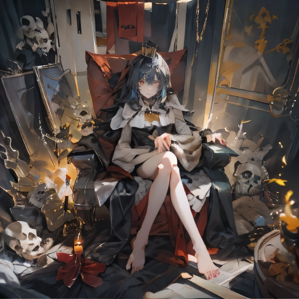 dominique_of_saof, (black hair, length hair, brown eye:1.4), , amount,1女of子, throne, chest, sitting, black_hair, barefoot, crossed_foot, big_chest, nail_Grind, 一人in, crown, skull, cleavage, green_eye, looking for_in_viewer, armchair, closed_eye, chair, dress, full_body, length_fingernails, jewelry, length_hair, fingernails, tintoo