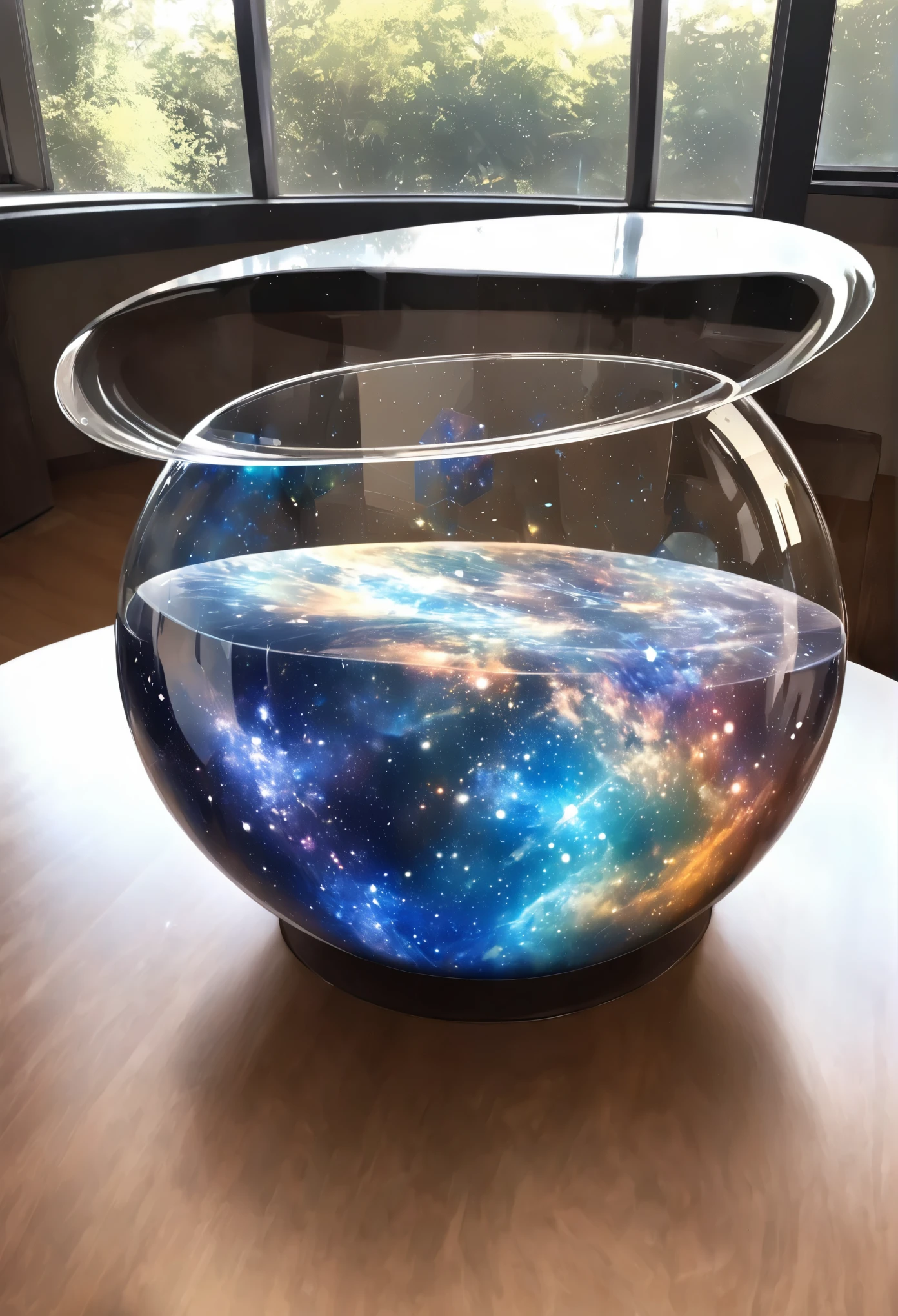 Galaxy in a fishbowl, infinite universe, dark background