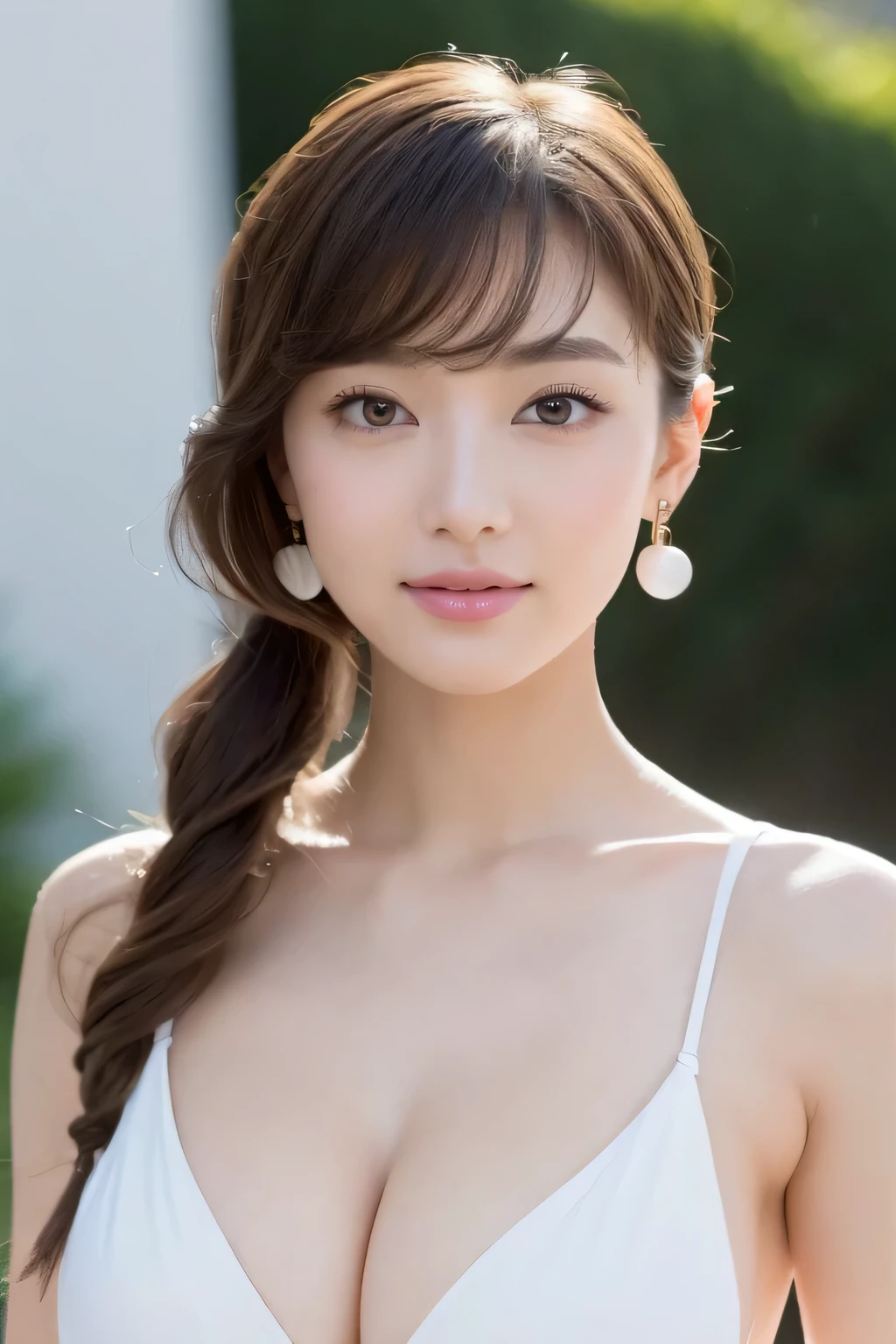 ((highest quality, 8K, masterpiece:1.3)), sharp focus:1.2, 20 year old female, (Half Japanese and half German woman), 1 person, Beautiful face with intelligence, A beautiful woman who emphasizes her supple body :1.3, 頭w:1.4, beautiful woman with perfect style:1.4, turn to the side:1.2, ((whole body, model body shape:1.2)), standing leaning against the wall, (white button shirt:1.1), white wall background:1.2, slim facial contour, The beauty of slim abs :1.2, thin waist, realistic skin texture, Fair skin, glowing skin, Fair skin, long and thin legs, super detailed face, fine eyes, double eyelid, beautiful thin eyebrows, fine long eyelashes, long slit eyes, charming brown eyes, Plump and glossy pink lips, My cheeks turned red, natural smile, beautiful teeth, beautiful small face, beautiful actress' perfect makeup, necklace, earrings, light brown delicate soft hair, (feminine medium short, ponytail :1.2), layer cut, (dull bangs:1.2), stare at the viewer with a greedy expression, dynamic lighting,
She is wearing a gold party dress made of satin fabric,
The dress has wide open shoulders and chest.、The length is short.,
(well-shaped small breasts), You can see her cute little pink areolas,
The bulge in your chest is beautiful, chest is visible,
(luxury resort garden, elegant jacuzzi, You can see the beautiful sea in the distance :1.3), blur the background,
(standing in a beautiful posture, legs open :1.5), raise your hands above your face,