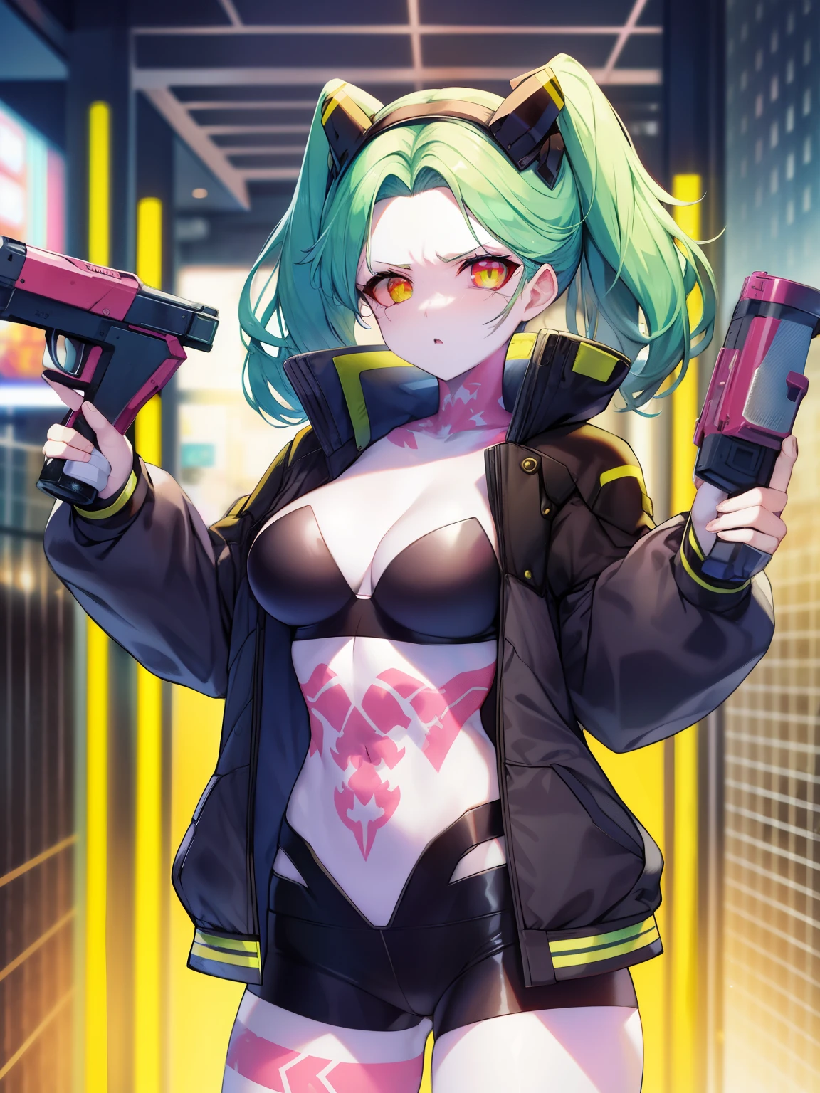 cyber punk: Edge Runners、rebecca、short height、Her body looks like a girl&#39;s, but her actual age is unknown.。(There are scenes where I drink alcohol)、（（（head、abdomen、She has a pink tattoo on her right thigh, making her skin completely white.）））+++、Her hair is in pigtails and she is wearing a high collar jacket.。Expert marksman with a wide variety of firearms、In a fit of rage, he fires a gun、Attack with Kiwi hacks、colored skin、white skin、angry、open your mouth、see the beholder、put your hand on your waist、lean forward、green hair、twin tails、prosthetic eye、colored sclera、red sclera、black jacket、bra、panties