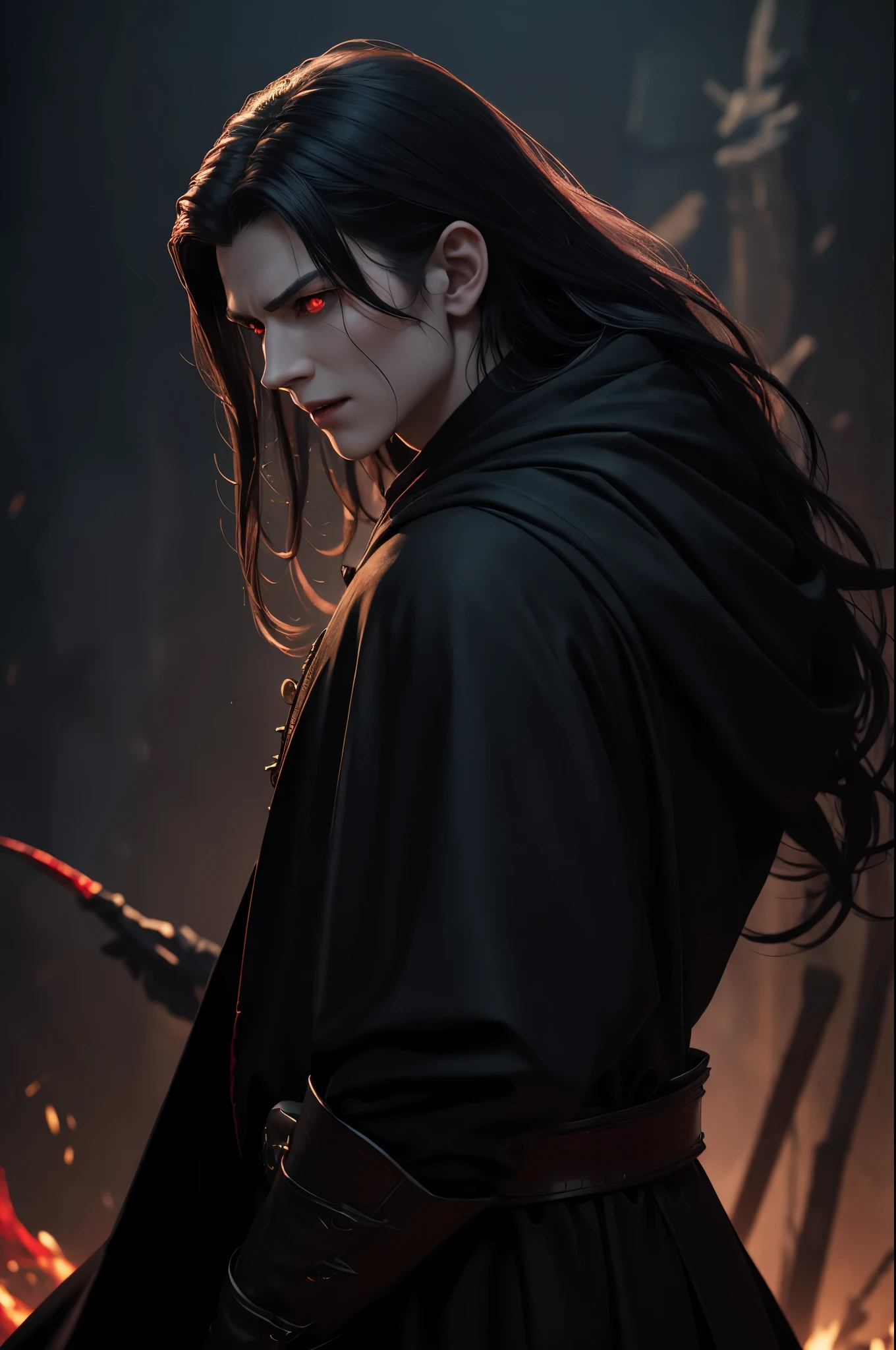 8K,vampire of the underworld,vampire demon slayer,super handsome(like the real thing),sharp red eyes(red glowing effect),pale skin(超realistic skin),vampire big fangs,pointed ears,gentleman costume,black cloak,lean muscular body,long white wavy hair,masterpiece,Photorealistic RAW photos of the highest quality。bright colors,rich colors, Backlight, cinematic lighting, film grain, to be born, 50MM lens, Nikon D850,realistic skin,fantasy art,character art,ultra high resolution,realistic scale skin,Perfect hand shape,view audience,